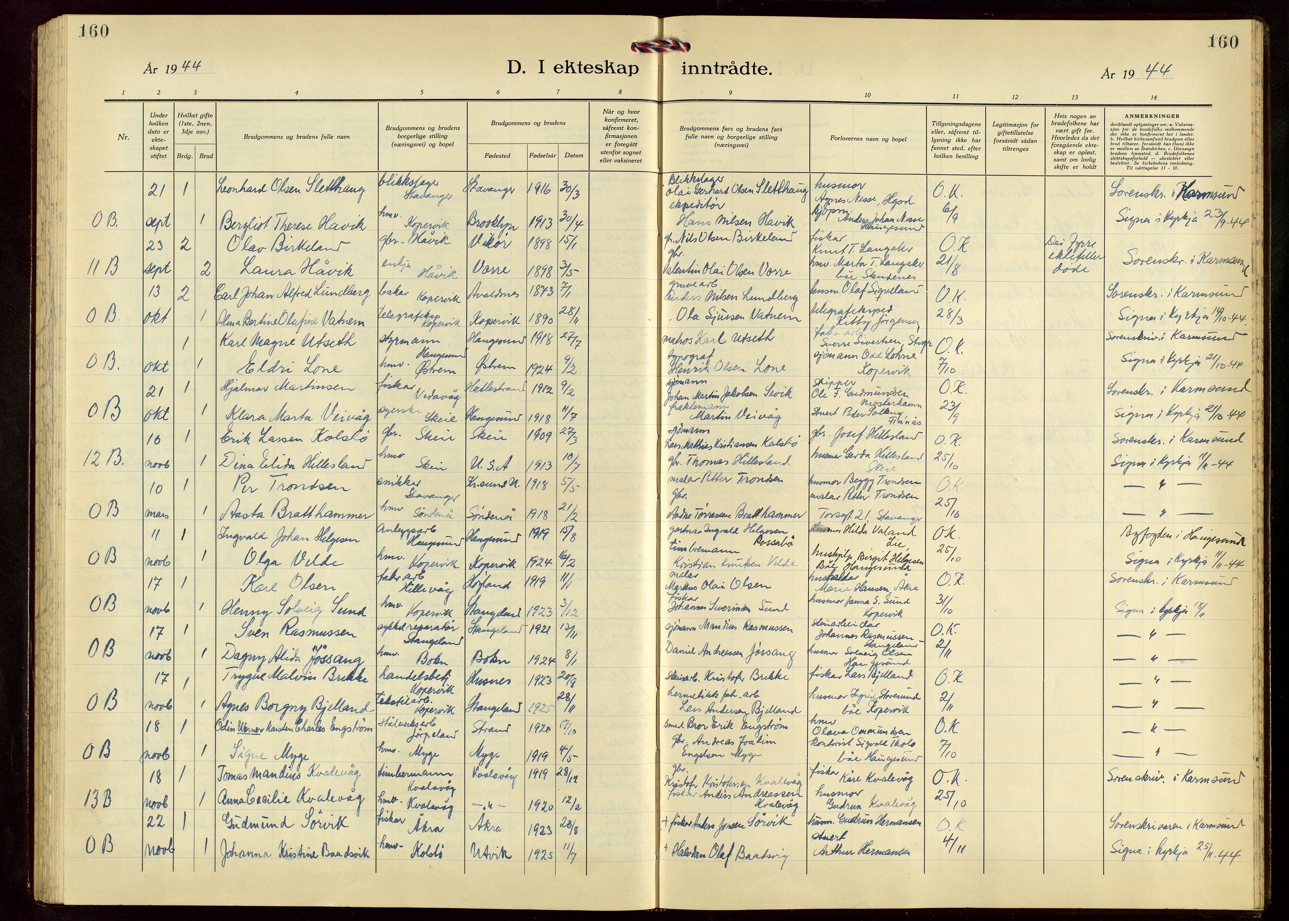 Avaldsnes sokneprestkontor, SAST/A -101851/H/Ha/Hab/L0009: Klokkerbok nr. B 9, 1940-1958, s. 160