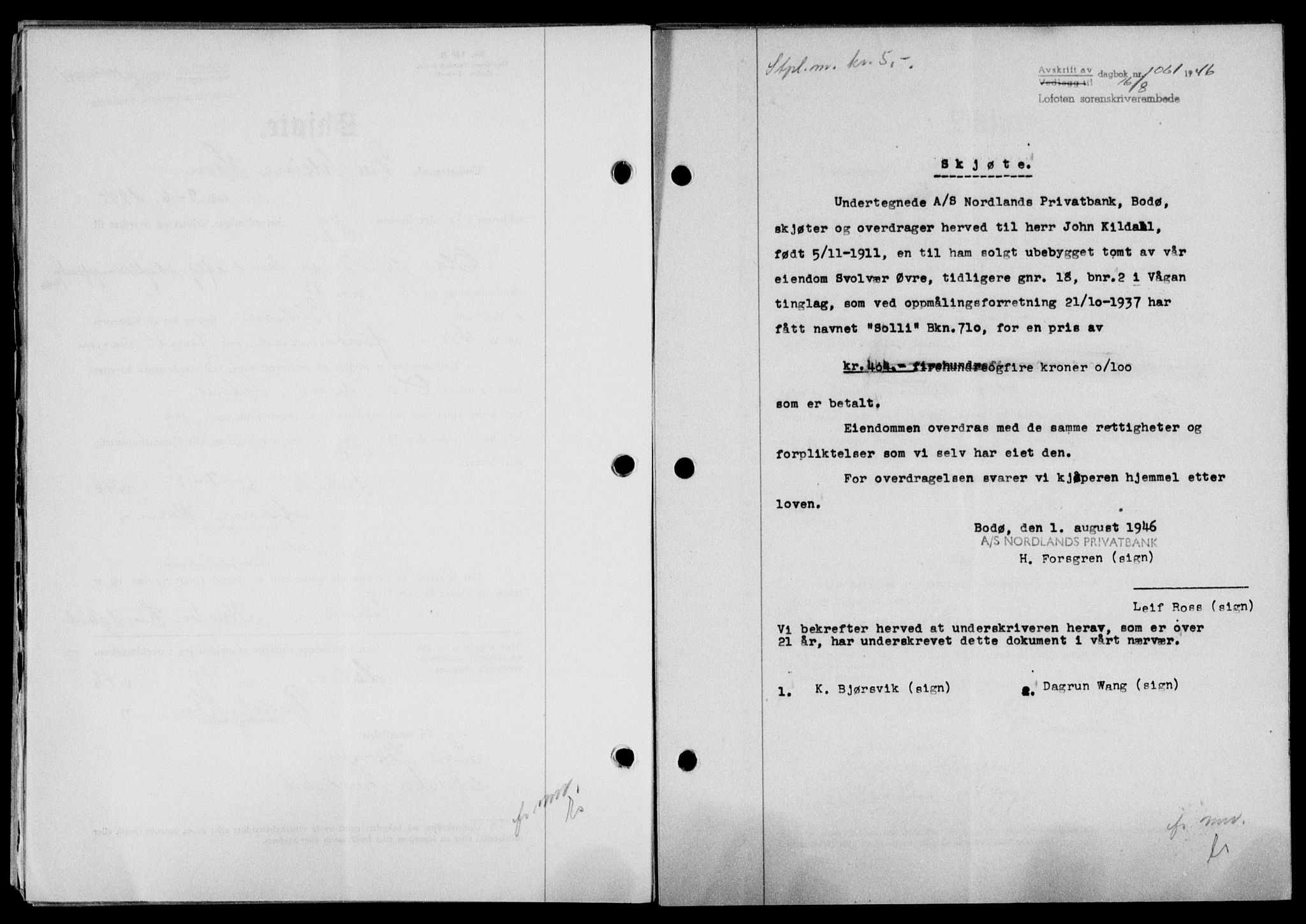 Lofoten sorenskriveri, SAT/A-0017/1/2/2C/L0014a: Pantebok nr. 14a, 1946-1946, Dagboknr: 1061/1946