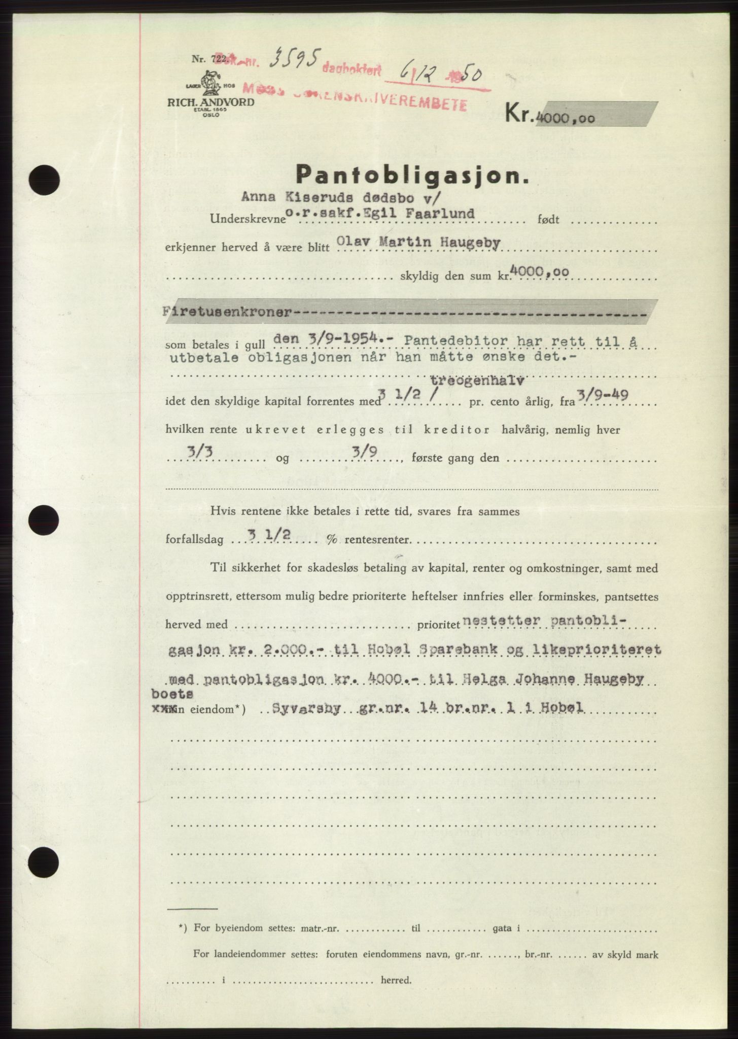 Moss sorenskriveri, SAO/A-10168: Pantebok nr. B25, 1950-1950, Dagboknr: 3595/1950