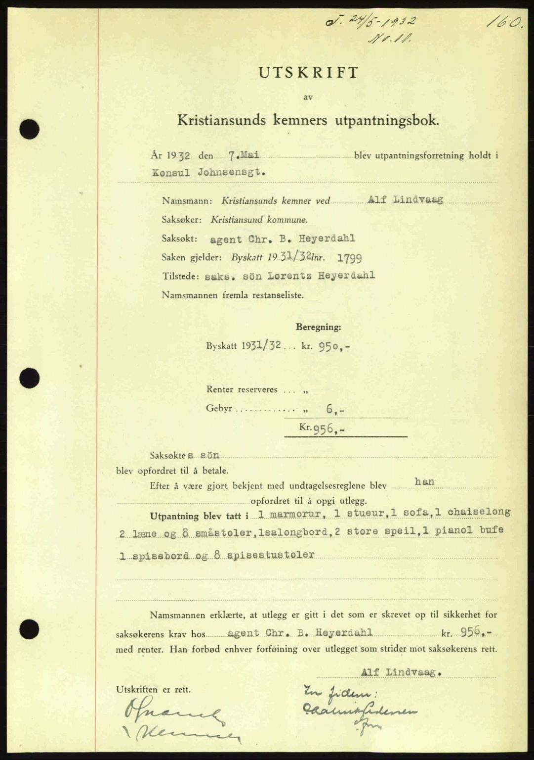 Kristiansund byfogd, AV/SAT-A-4587/A/27: Pantebok nr. 26, 1931-1933, Tingl.dato: 24.05.1932