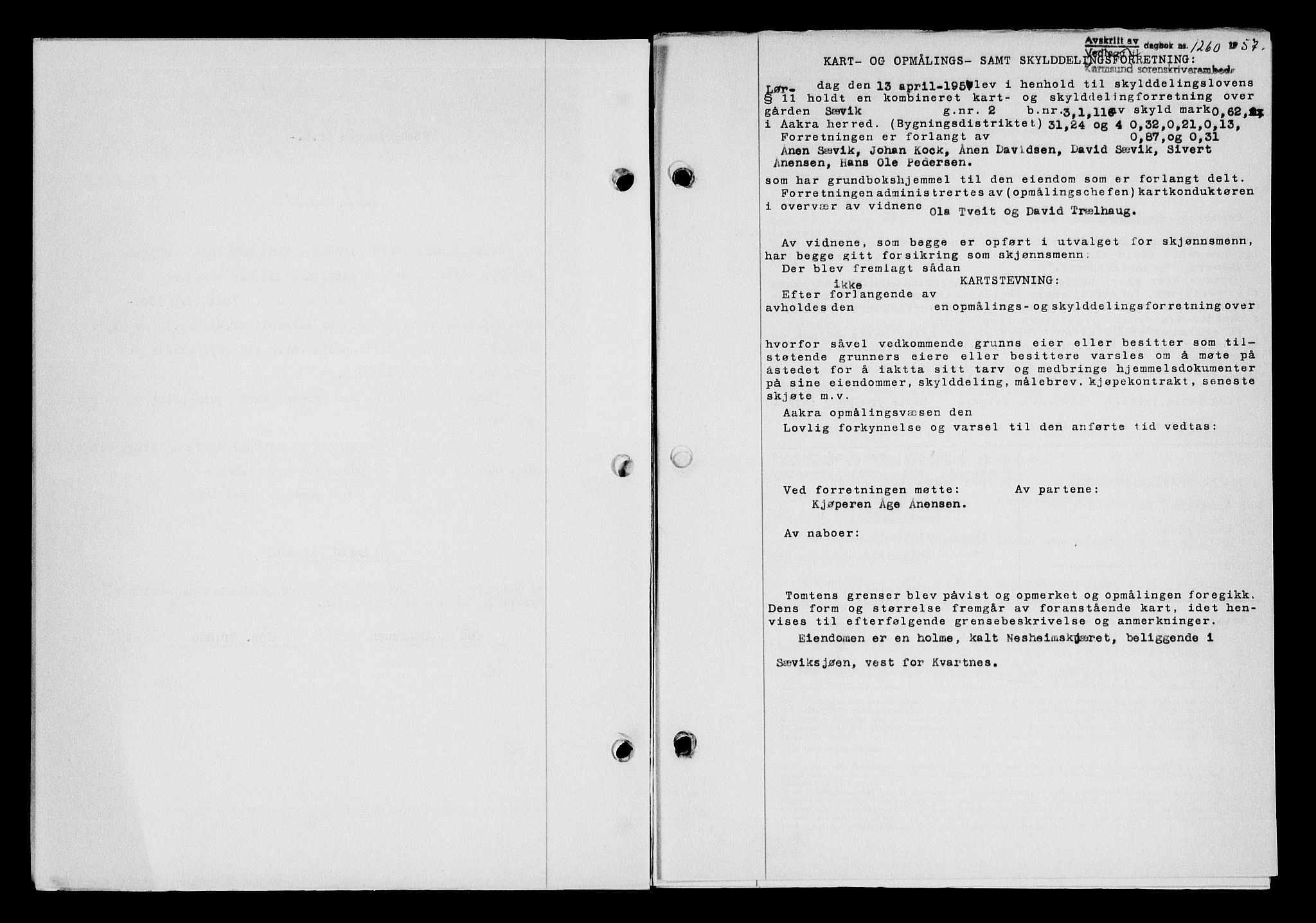 Karmsund sorenskriveri, SAST/A-100311/01/II/IIB/L0124: Pantebok nr. 104A, 1957-1957, Dagboknr: 1260/1957