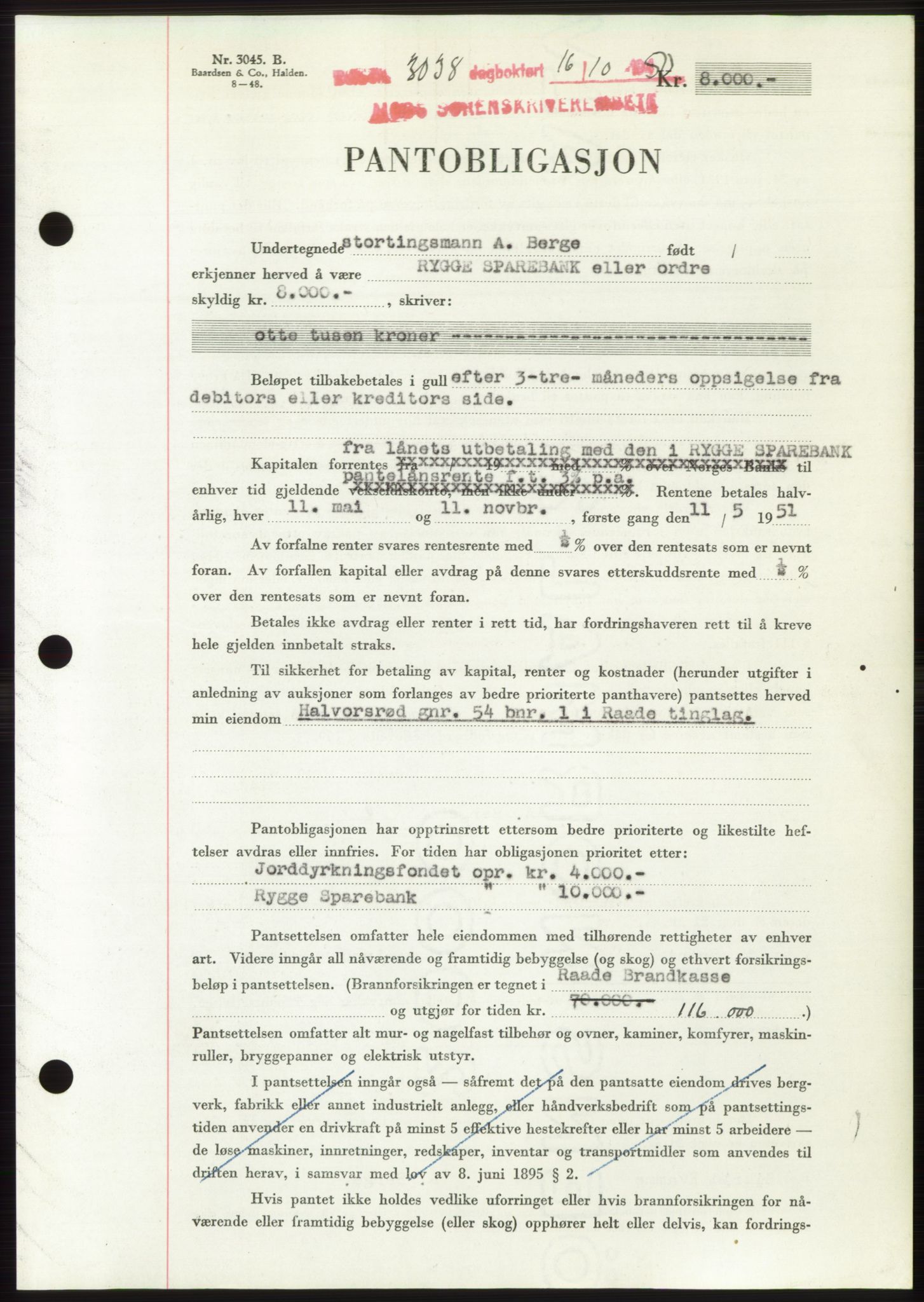 Moss sorenskriveri, SAO/A-10168: Pantebok nr. B25, 1950-1950, Dagboknr: 3038/1950