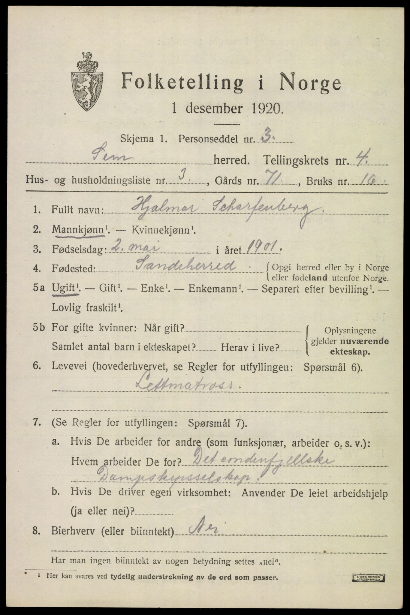 SAKO, Folketelling 1920 for 0721 Sem herred, 1920, s. 7103