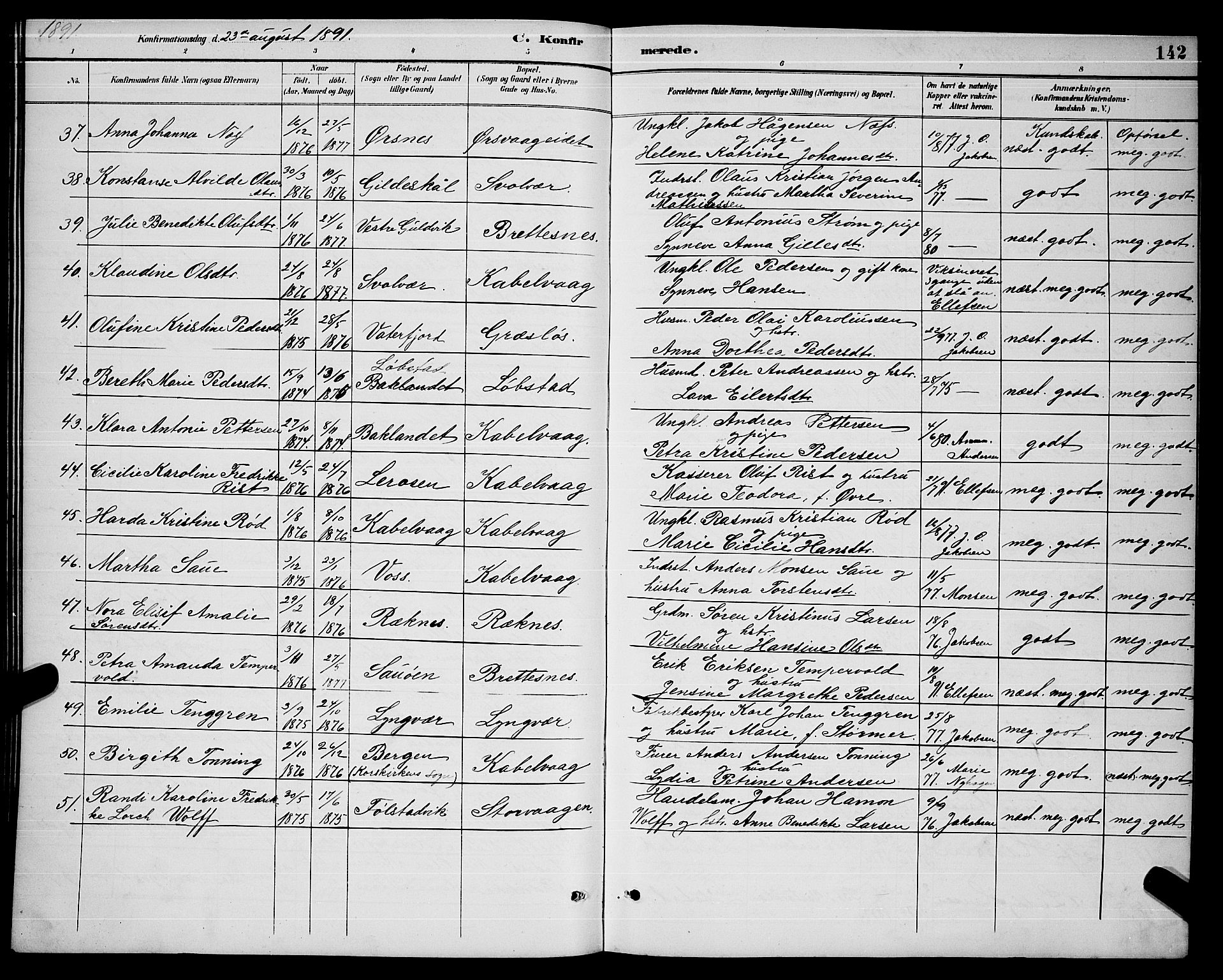 Ministerialprotokoller, klokkerbøker og fødselsregistre - Nordland, AV/SAT-A-1459/874/L1077: Klokkerbok nr. 874C06, 1891-1900, s. 142
