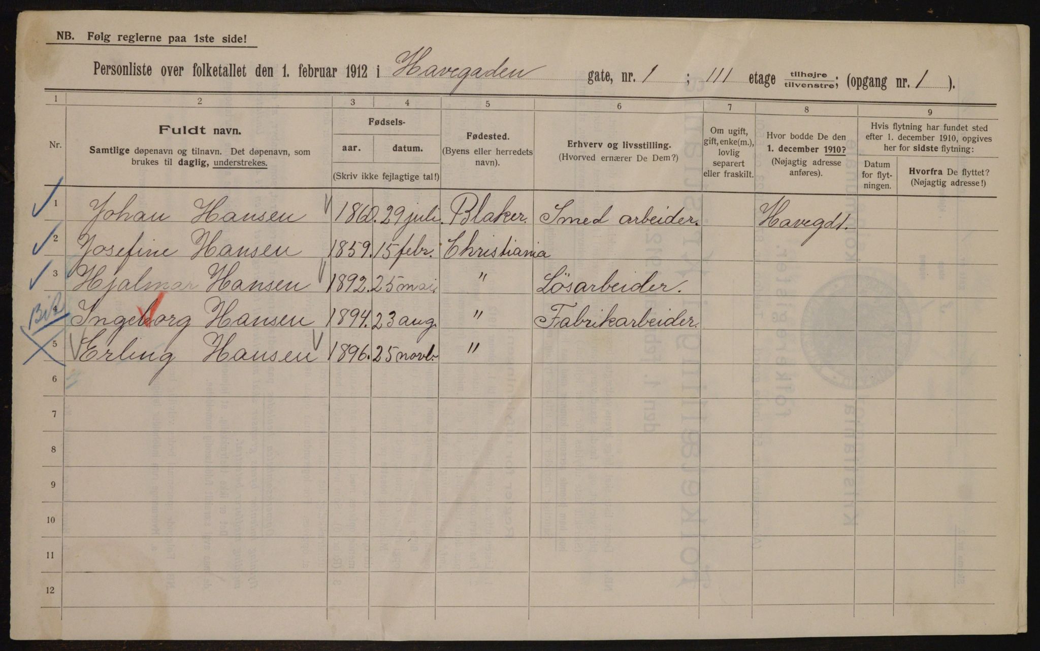 OBA, Kommunal folketelling 1.2.1912 for Kristiania, 1912, s. 33327