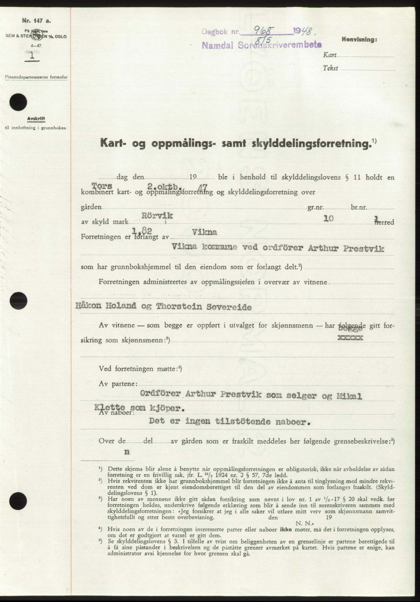 Namdal sorenskriveri, SAT/A-4133/1/2/2C: Pantebok nr. -, 1947-1948, Dagboknr: 968/1948