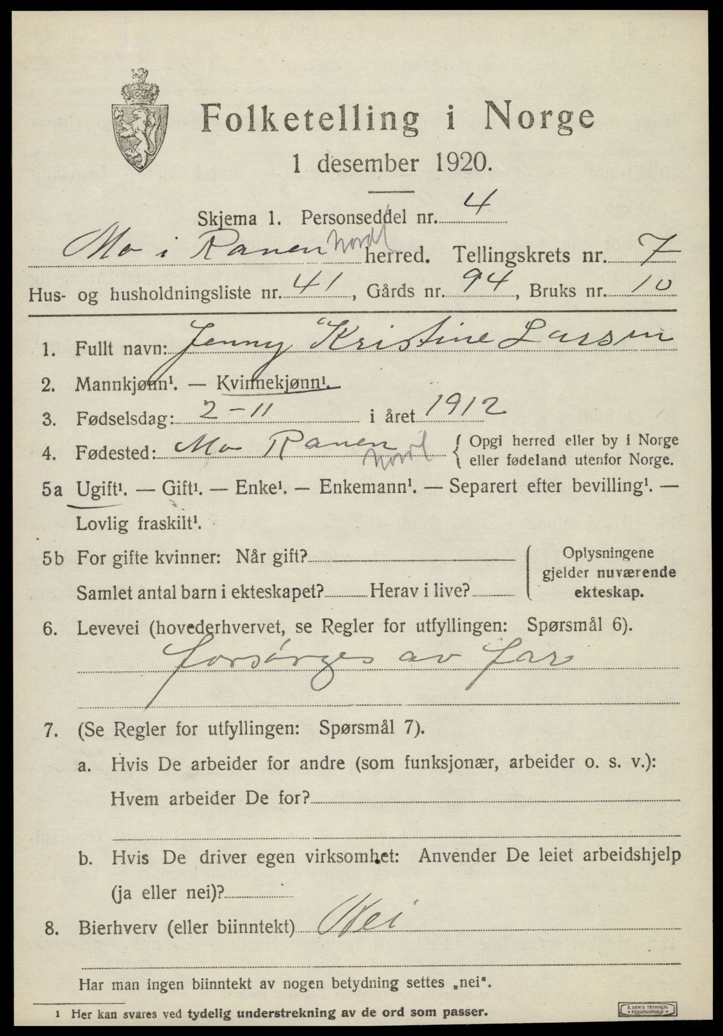 SAT, Folketelling 1920 for 1833 Mo herred, 1920, s. 7897