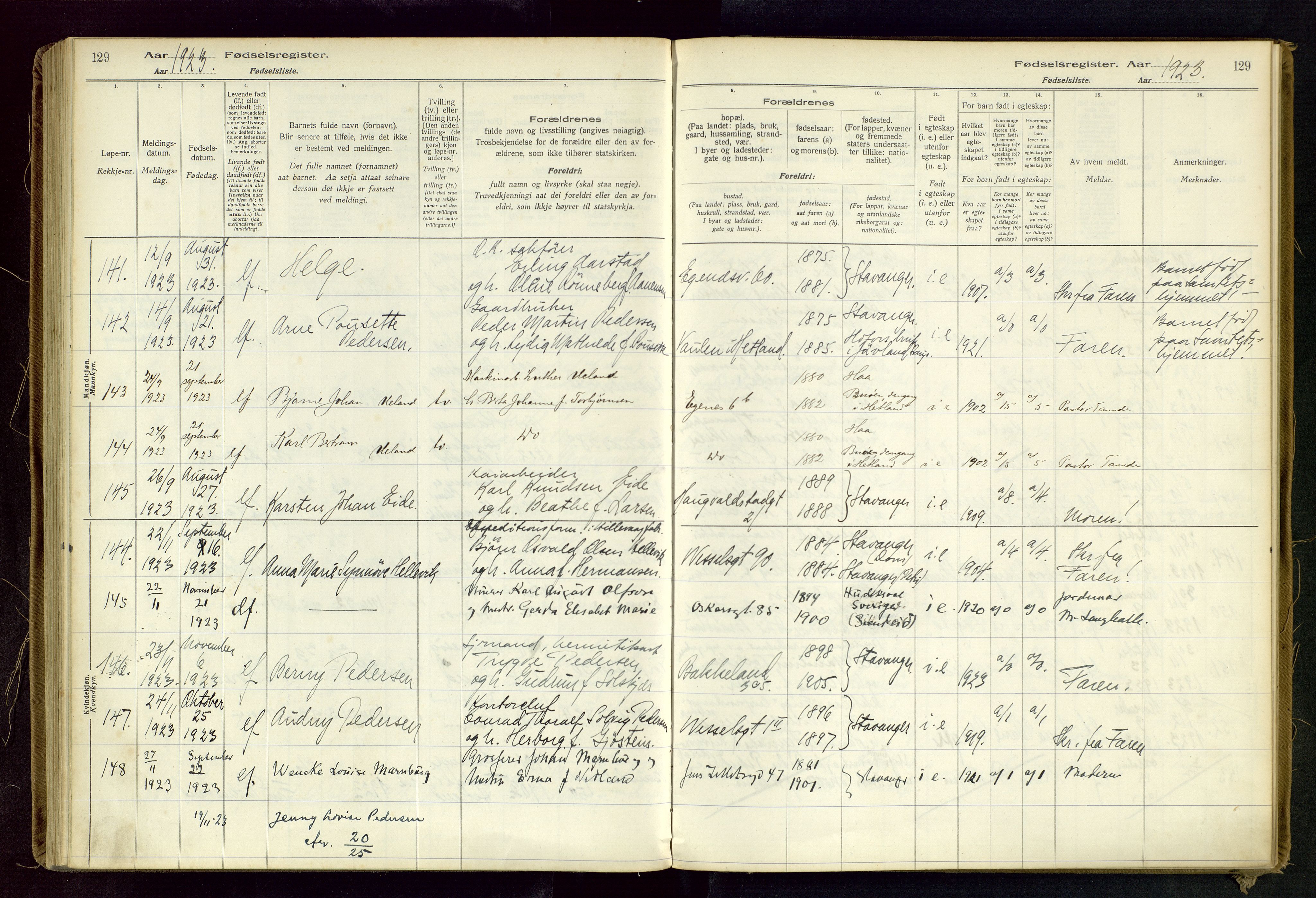 Domkirken sokneprestkontor, SAST/A-101812/002/B/L0002: Fødselsregister nr. 2, 1920-1925, s. 129