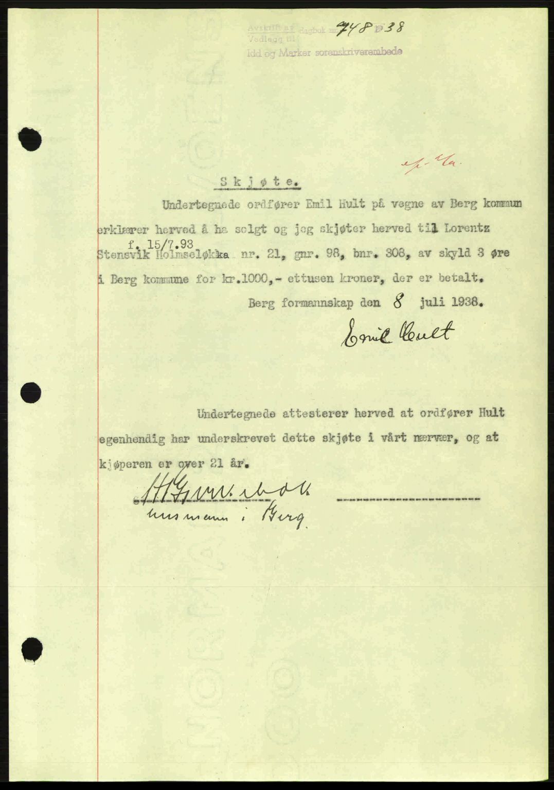 Idd og Marker sorenskriveri, AV/SAO-A-10283/G/Gb/Gbb/L0002: Pantebok nr. A2, 1937-1938, Dagboknr: 748/1938