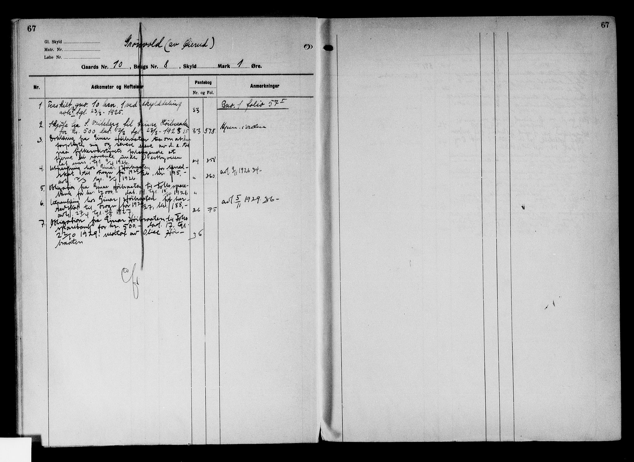 Follo sorenskriveri, AV/SAO-A-10274/G/Gb/Gbc/L0004: Panteregister nr. III 4, 1923-1938, s. 67