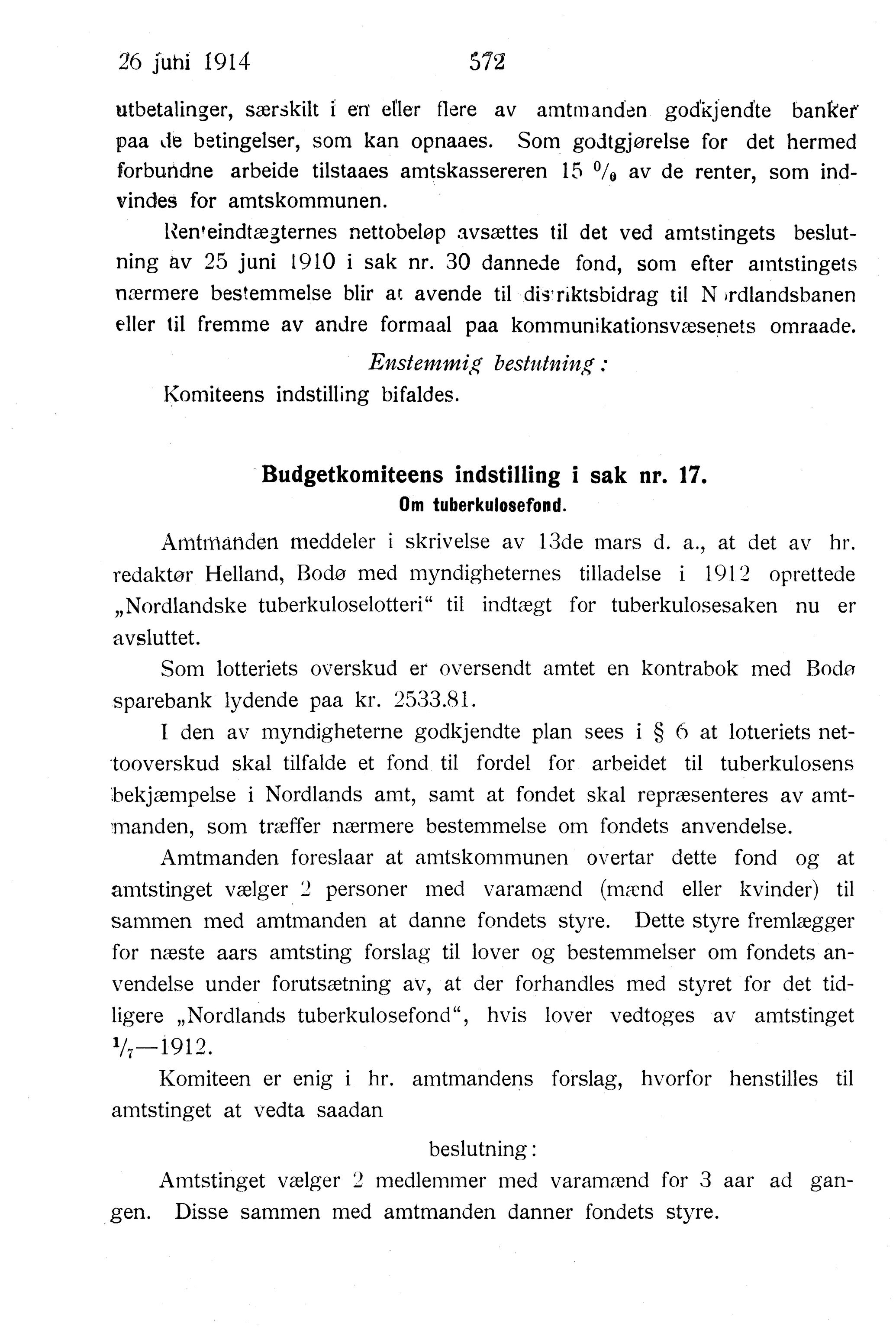 Nordland Fylkeskommune. Fylkestinget, AIN/NFK-17/176/A/Ac/L0037: Fylkestingsforhandlinger 1914, 1914