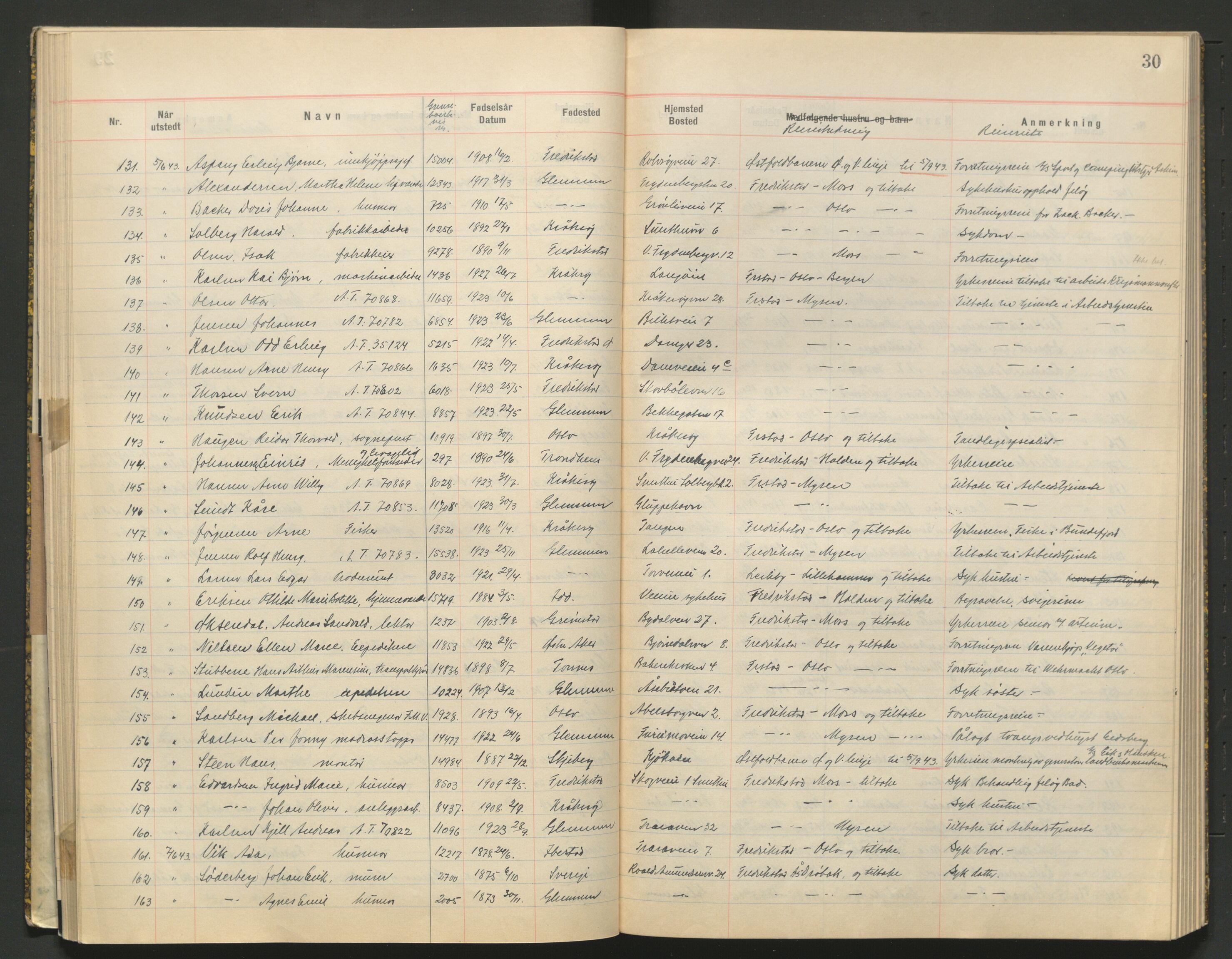 Glemmen lensmannskontor, AV/SAO-A-10123/I/Ic/Ica/L0002: Protokoll over utstedte nordiske reisekort (1939-1940) og utstedte reisetillatelser med jernbanen (1943), 1939-1943, s. 30