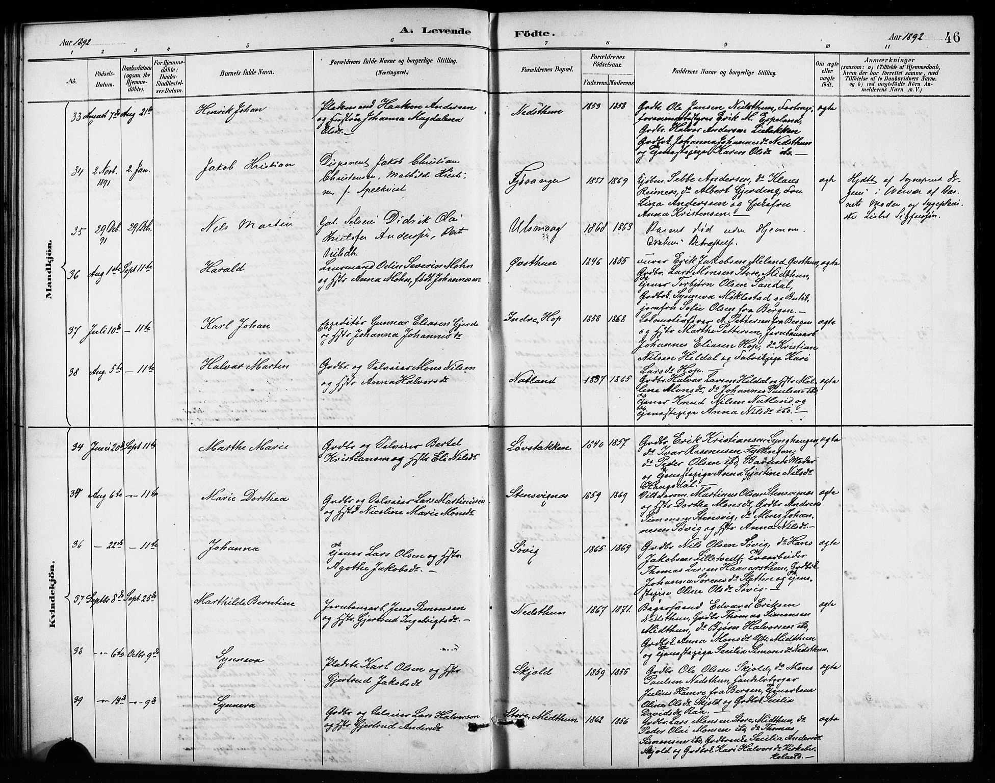 Birkeland Sokneprestembete, AV/SAB-A-74601/H/Hab: Klokkerbok nr. A 4, 1888-1897, s. 46