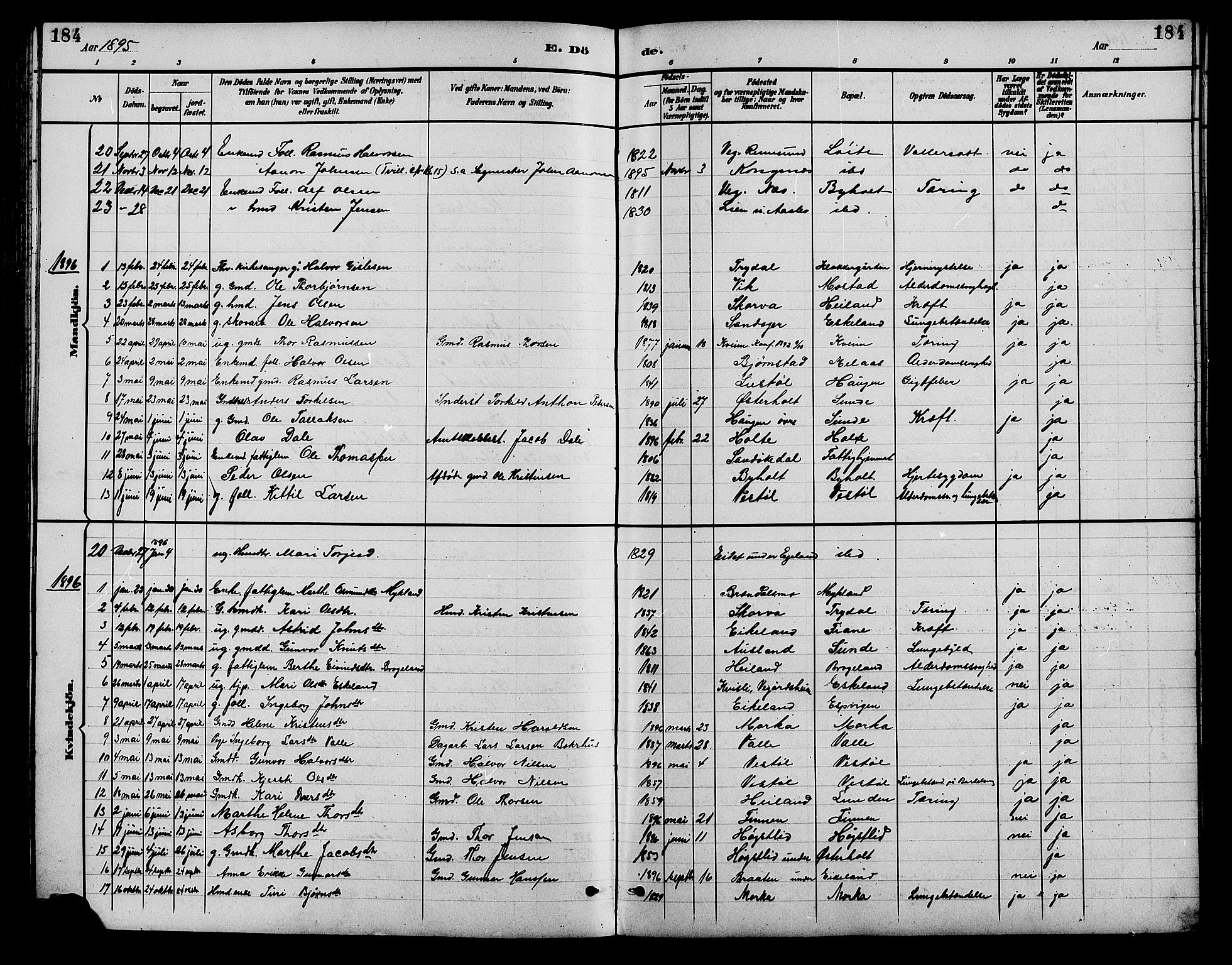 Gjerstad sokneprestkontor, SAK/1111-0014/F/Fb/Fba/L0007: Klokkerbok nr. B 7, 1891-1908, s. 184