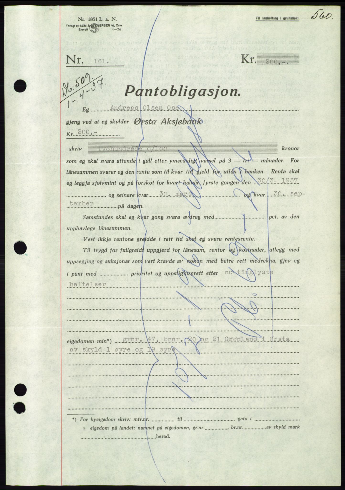 Søre Sunnmøre sorenskriveri, SAT/A-4122/1/2/2C/L0062: Pantebok nr. 56, 1936-1937, Dagboknr: 509/1937