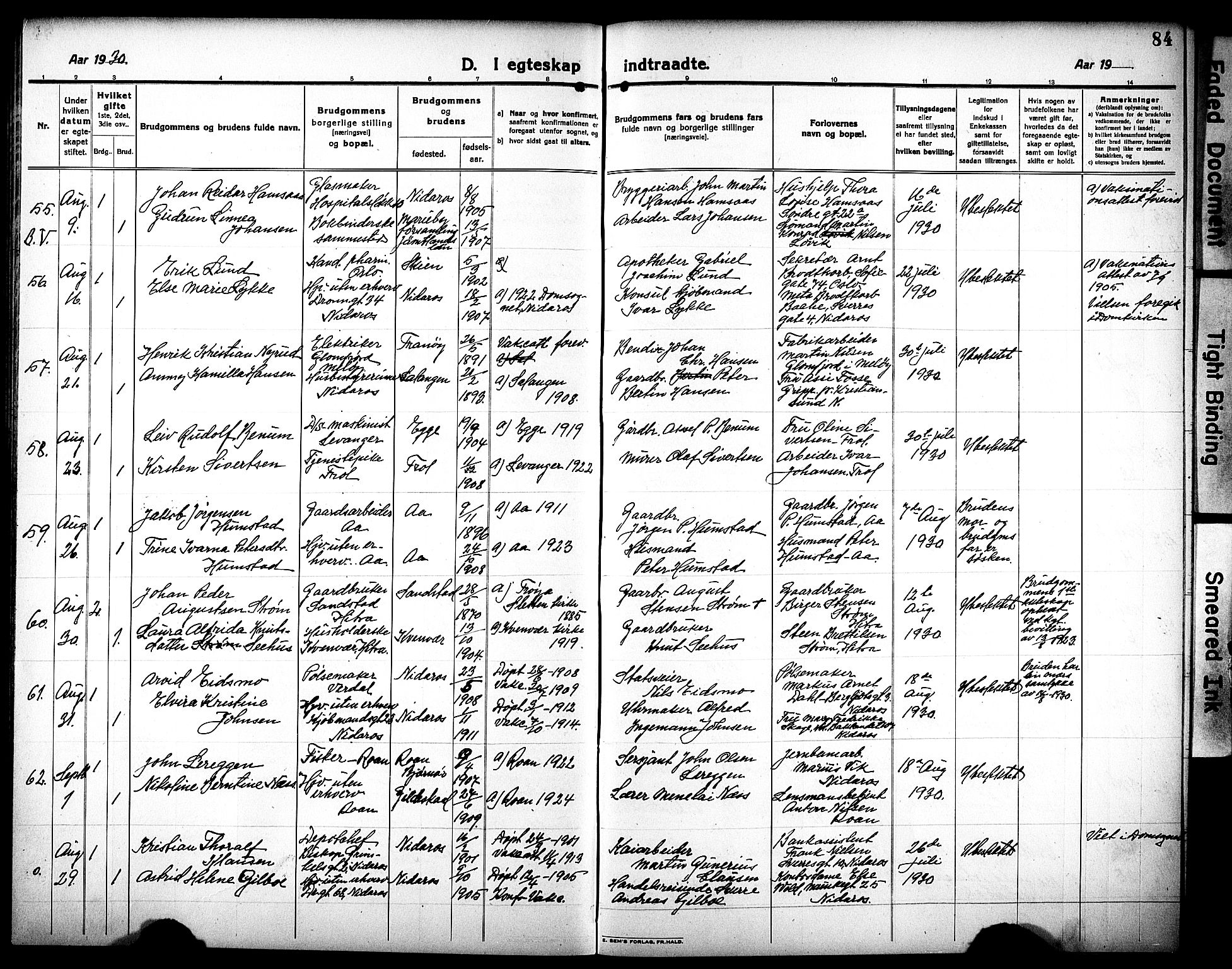 Ministerialprotokoller, klokkerbøker og fødselsregistre - Sør-Trøndelag, AV/SAT-A-1456/602/L0149: Klokkerbok nr. 602C17, 1919-1932, s. 84