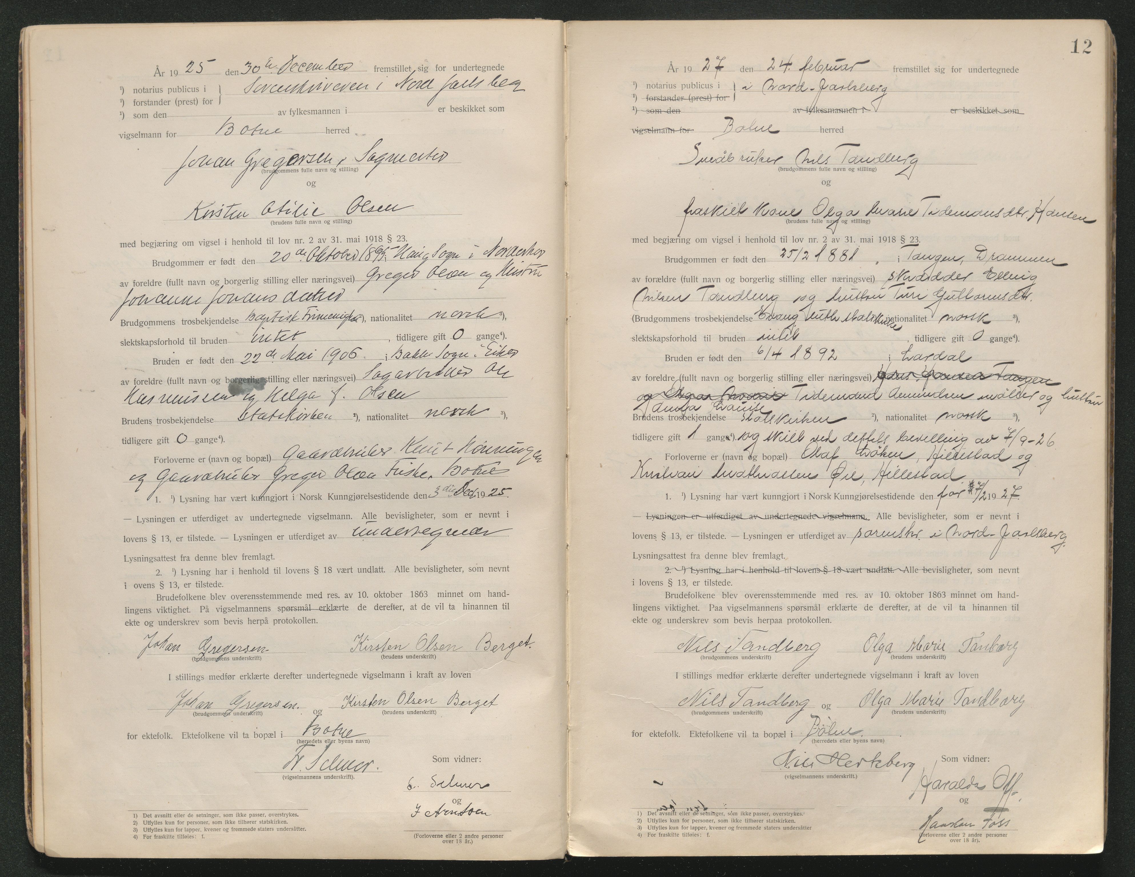 Holmestrand sorenskriveri, SAKO/A-67/L/Lb/L0001: Vigselsbok, 1920-1943, s. 12
