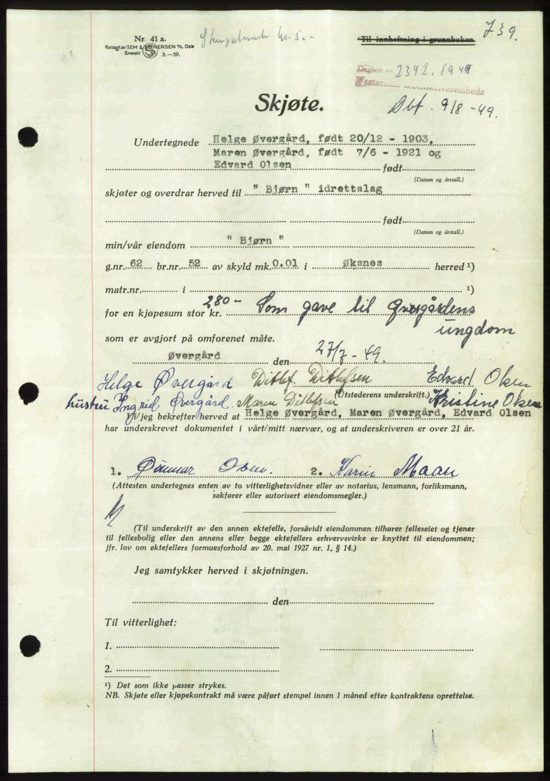 Vesterålen sorenskriveri, AV/SAT-A-4180/1/2/2Ca: Pantebok nr. A25, 1949-1949, Dagboknr: 2342/1949