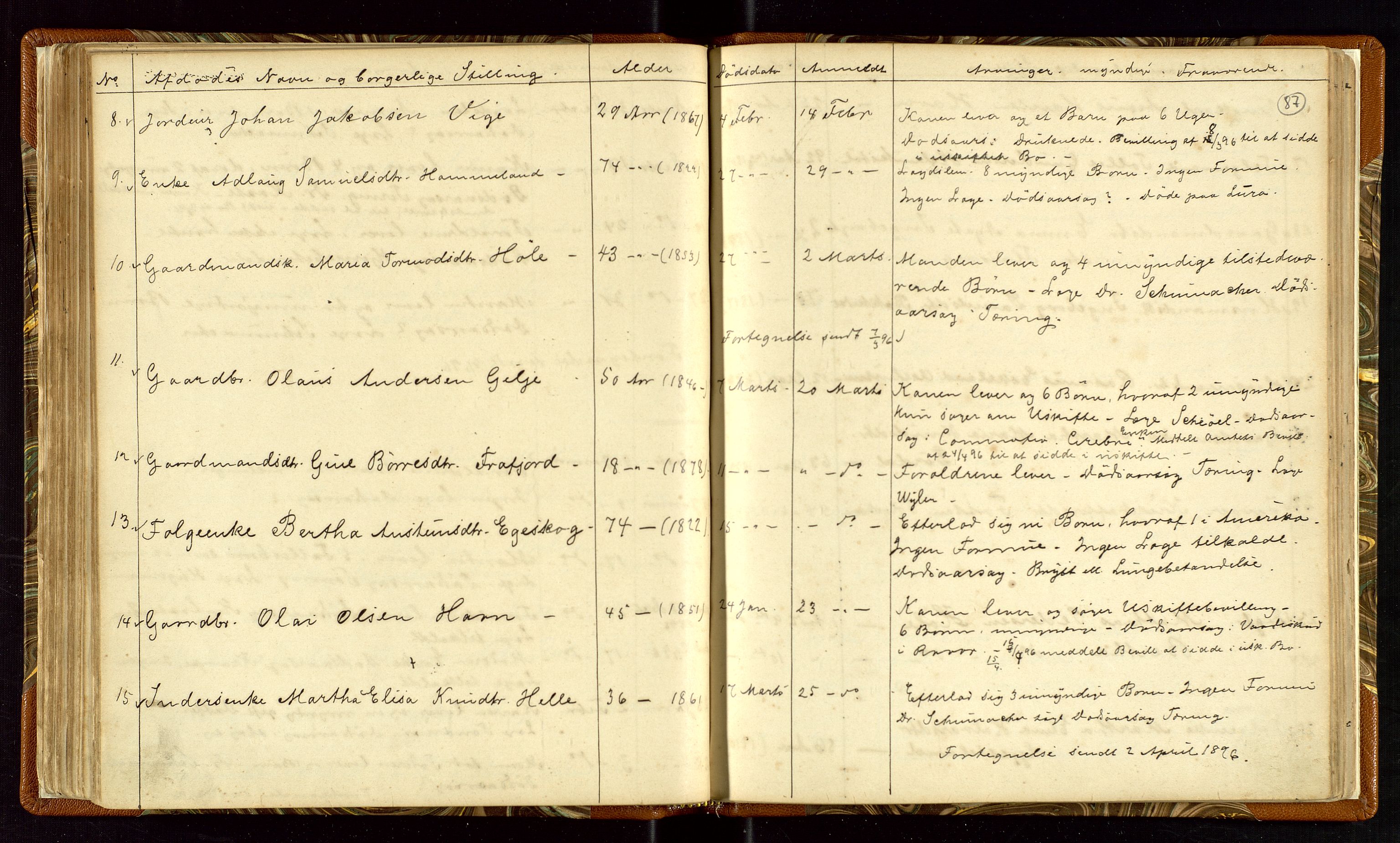 Høle og Forsand lensmannskontor, AV/SAST-A-100127/Gga/L0001: "Fortegnelse over Afdøde i Høle Thinglag fra 1ste Juli 1875 til ", 1875-1902, s. 87