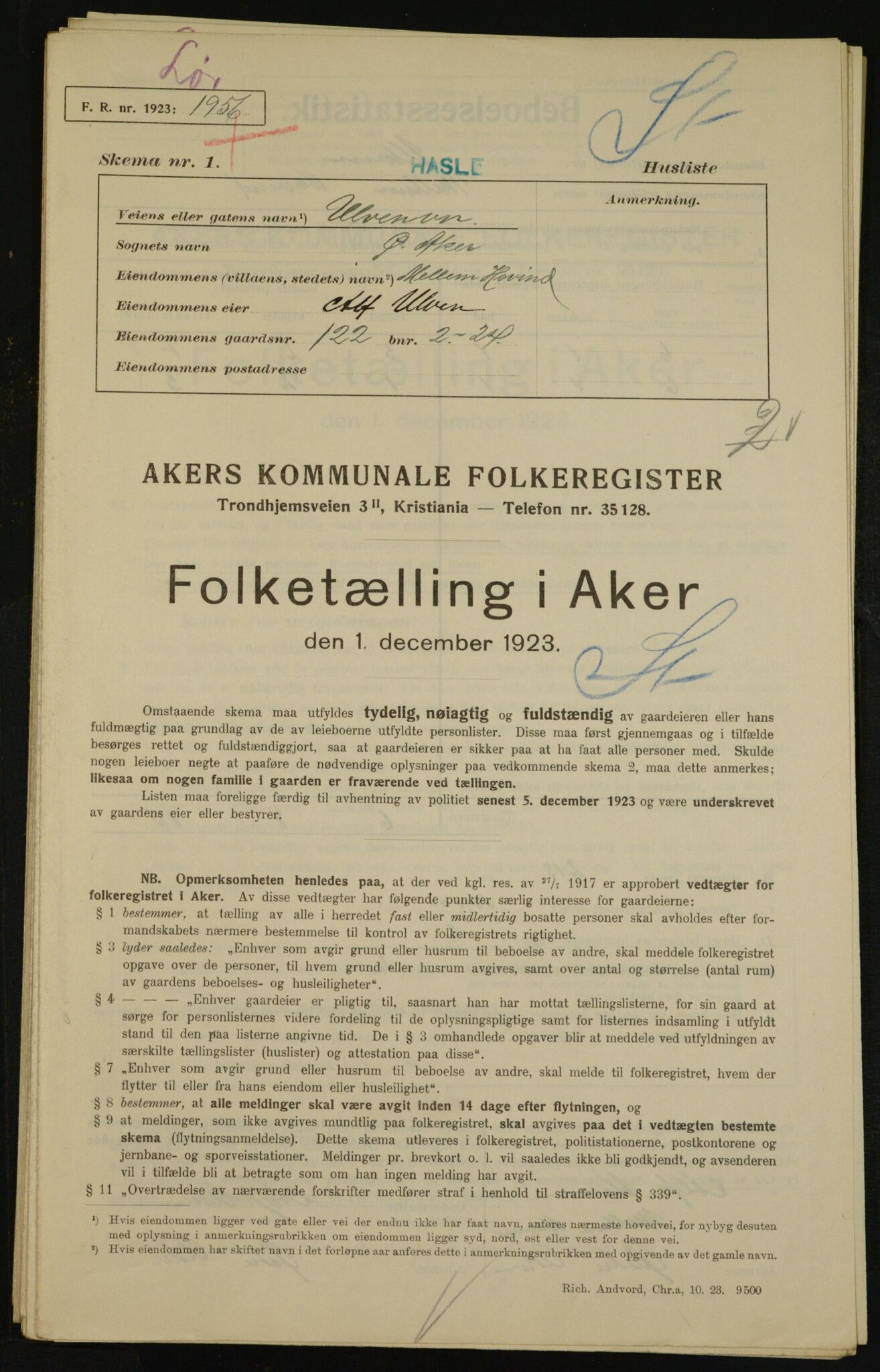 , Kommunal folketelling 1.12.1923 for Aker, 1923, s. 34910