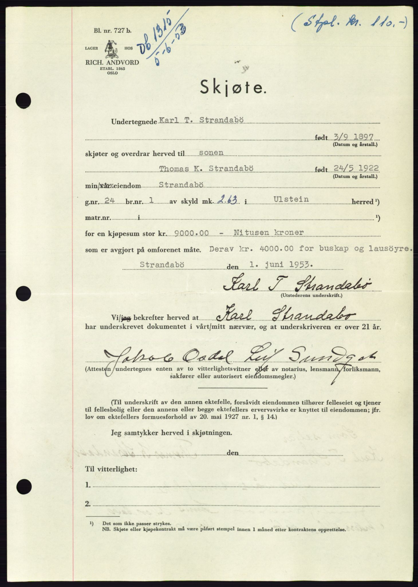 Søre Sunnmøre sorenskriveri, AV/SAT-A-4122/1/2/2C/L0095: Pantebok nr. 21A, 1953-1953, Dagboknr: 1315/1953