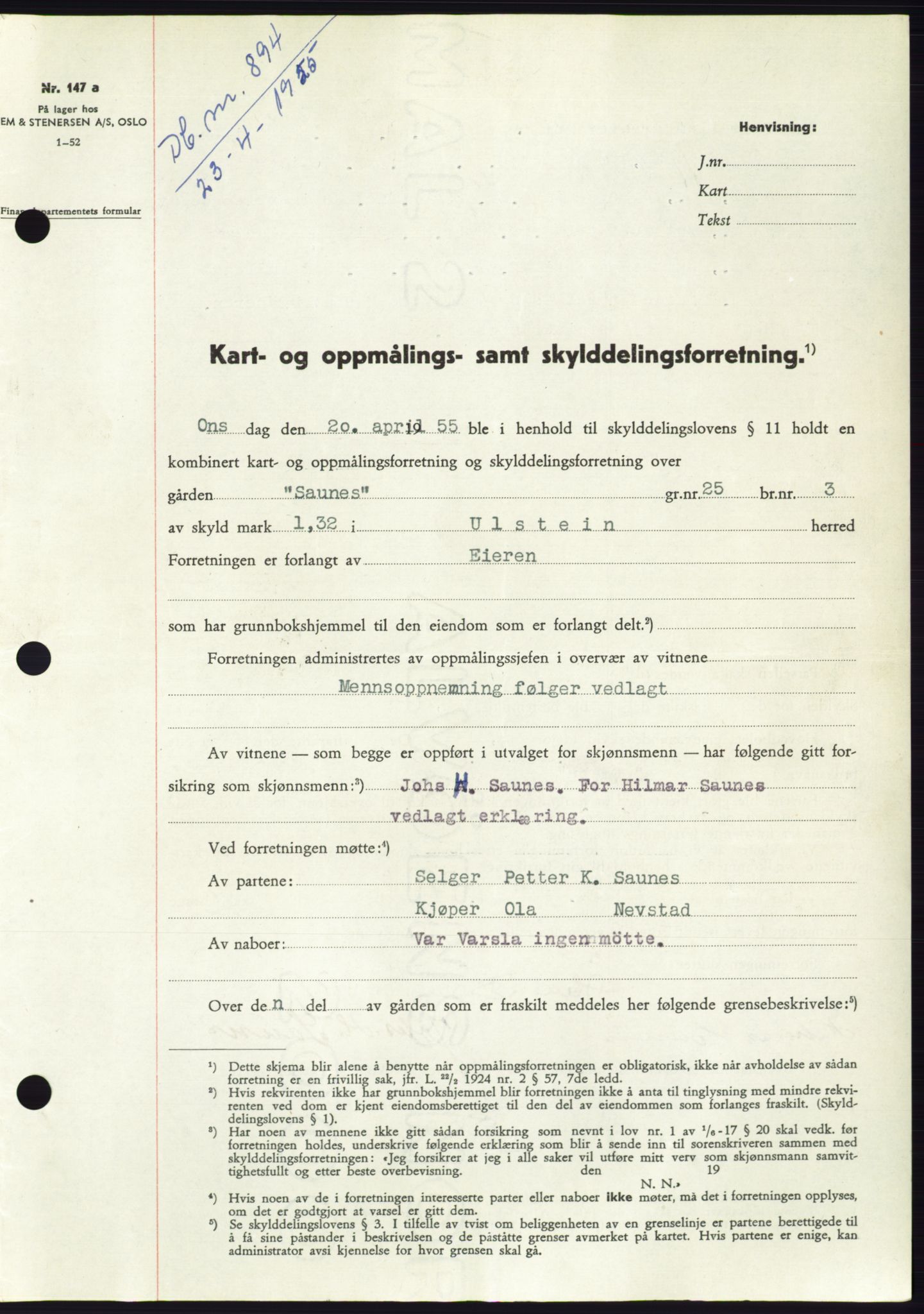 Søre Sunnmøre sorenskriveri, SAT/A-4122/1/2/2C/L0100: Pantebok nr. 26A, 1954-1955, Dagboknr: 894/1955