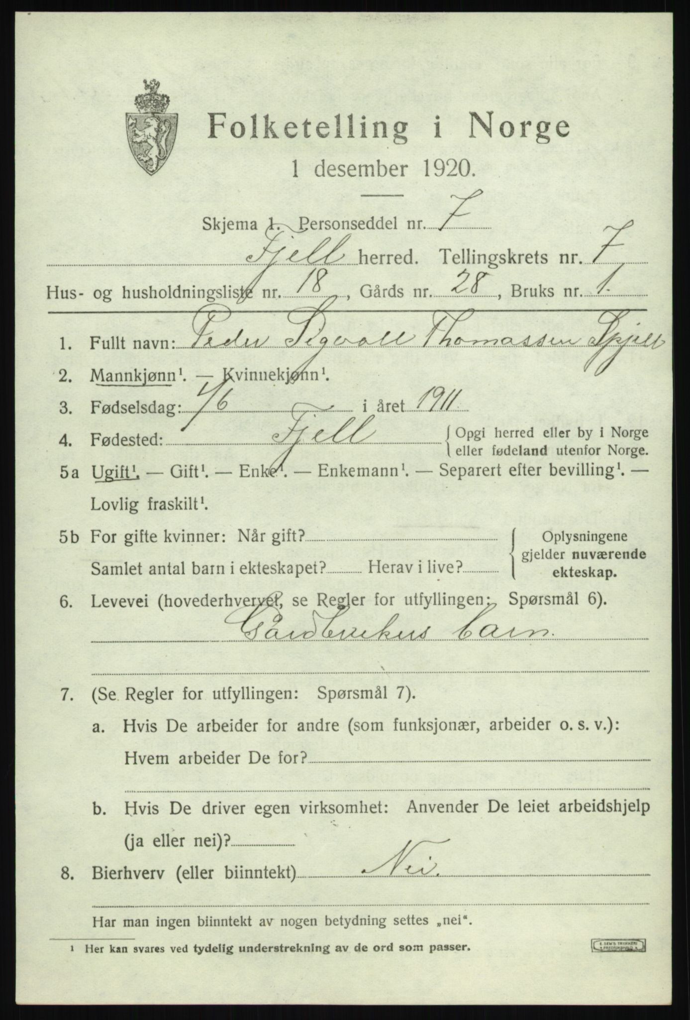 SAB, Folketelling 1920 for 1246 Fjell herred, 1920, s. 6654