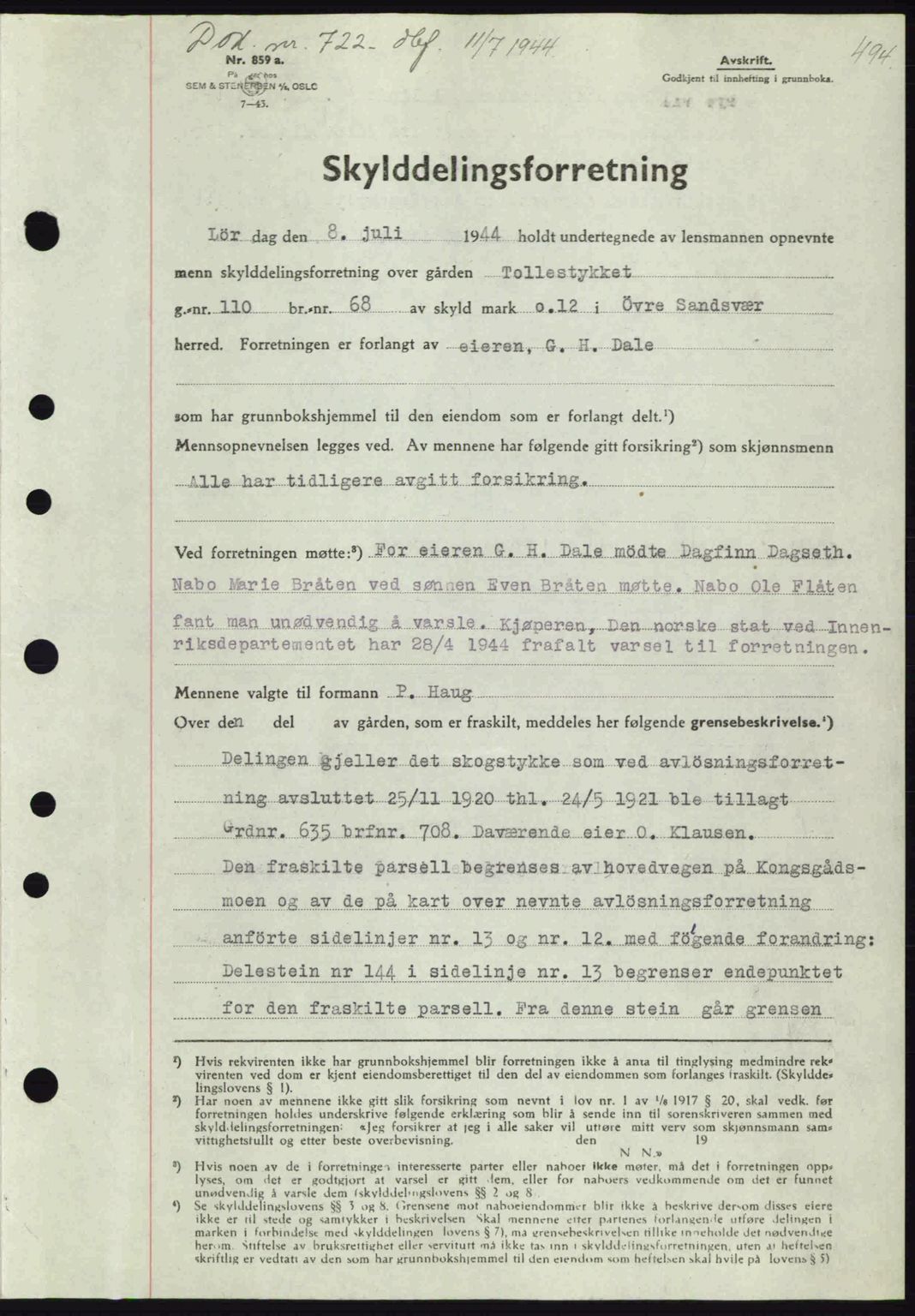 Numedal og Sandsvær sorenskriveri, SAKO/A-128/G/Ga/Gaa/L0055: Pantebok nr. A7, 1943-1944, Dagboknr: 722/1944