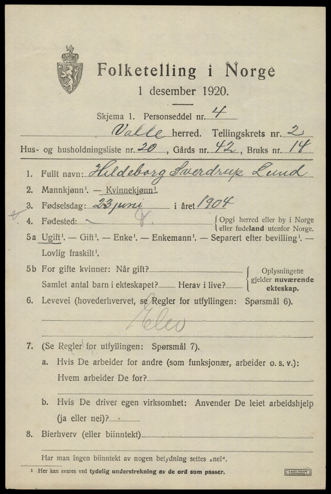 SAK, Folketelling 1920 for 0940 Valle herred, 1920, s. 1159