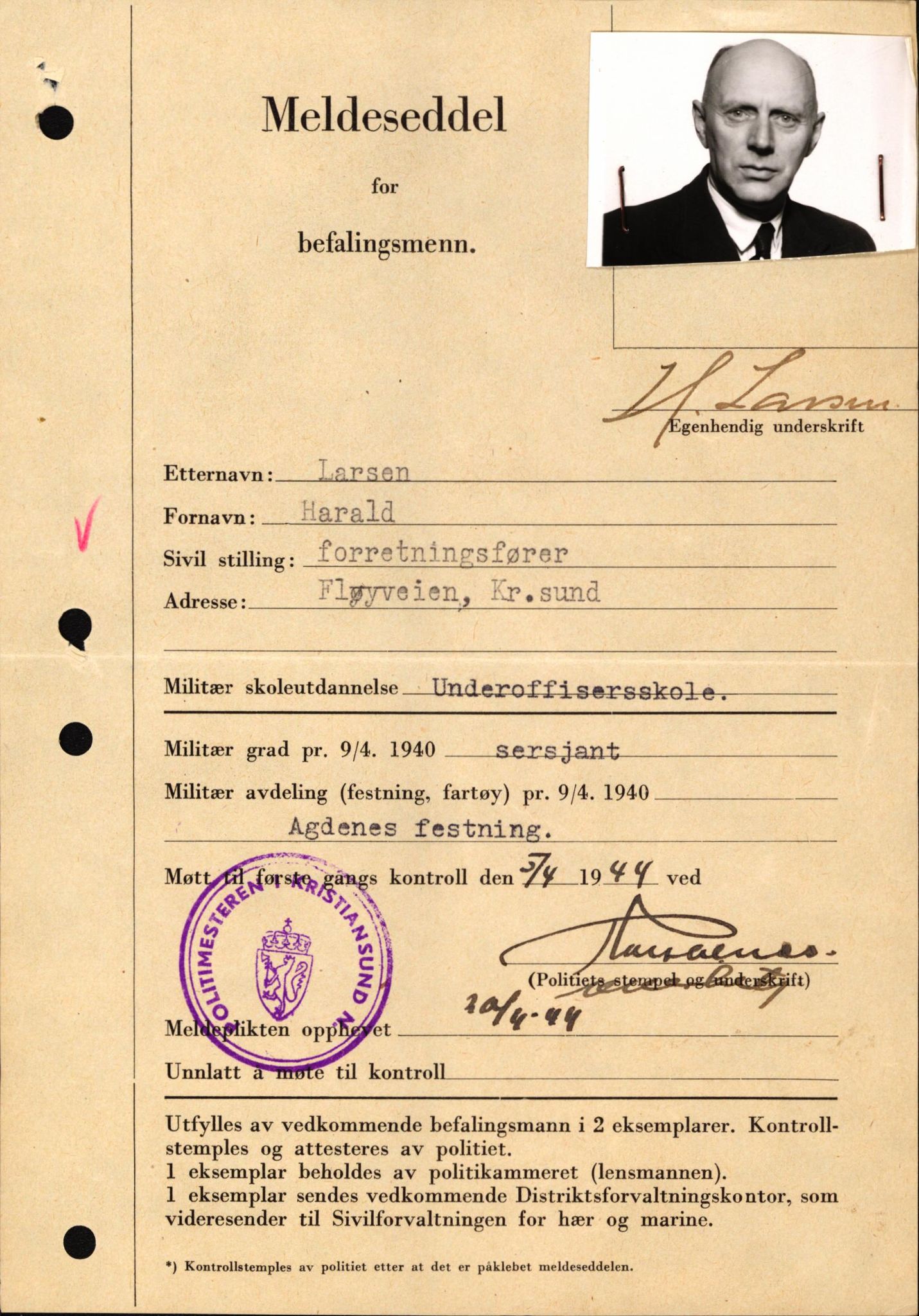 Forsvaret, Forsvarets krigshistoriske avdeling, AV/RA-RAFA-2017/Y/Yf/L0209: II-C-11-2121  -  Okkupasjonstiden.  Meldesedler for befal med foto og oppl. om militær grad 9. apr. 1940., 1944-1945, s. 30