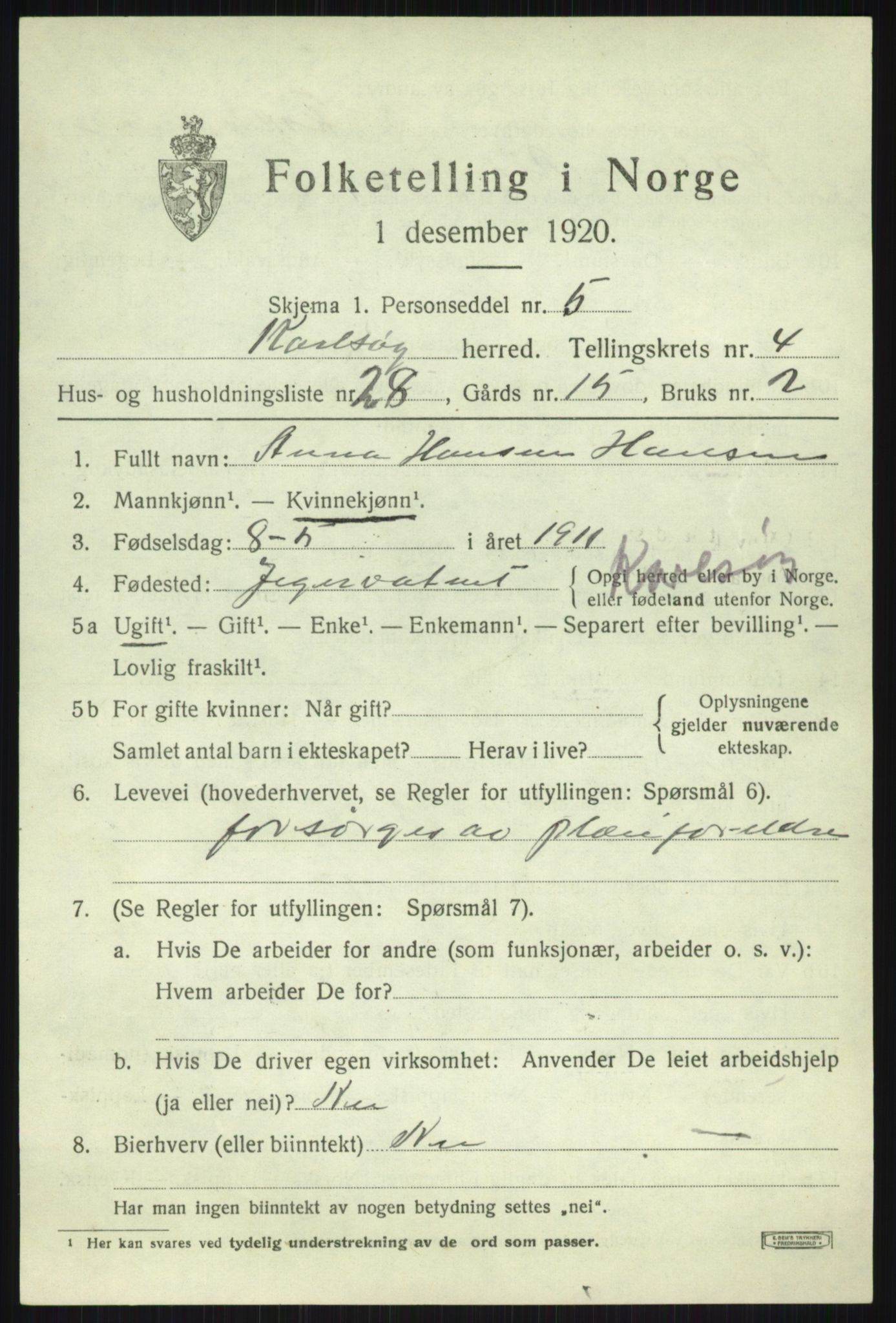 SATØ, Folketelling 1920 for 1936 Karlsøy herred, 1920, s. 2065