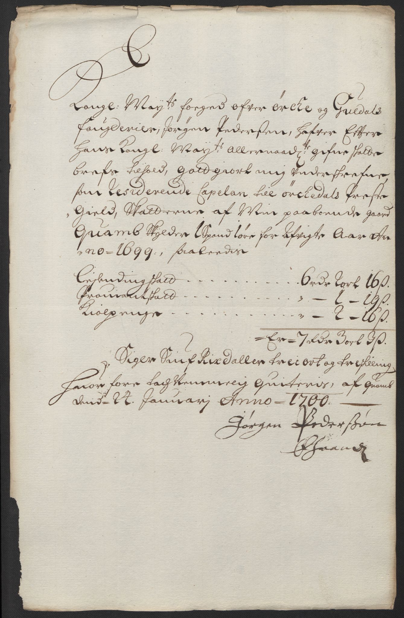 Rentekammeret inntil 1814, Reviderte regnskaper, Fogderegnskap, RA/EA-4092/R60/L3949: Fogderegnskap Orkdal og Gauldal, 1699, s. 170