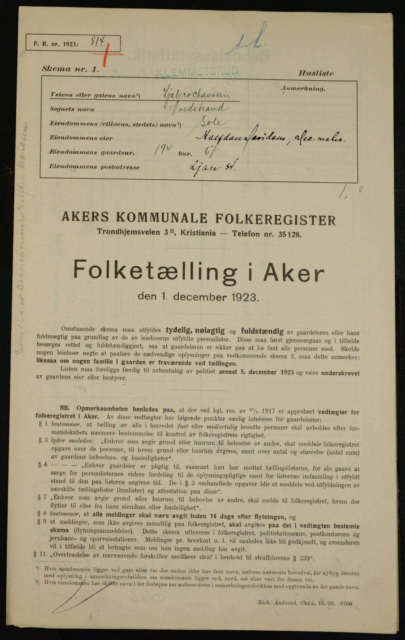 , Kommunal folketelling 1.12.1923 for Aker, 1923, s. 41659