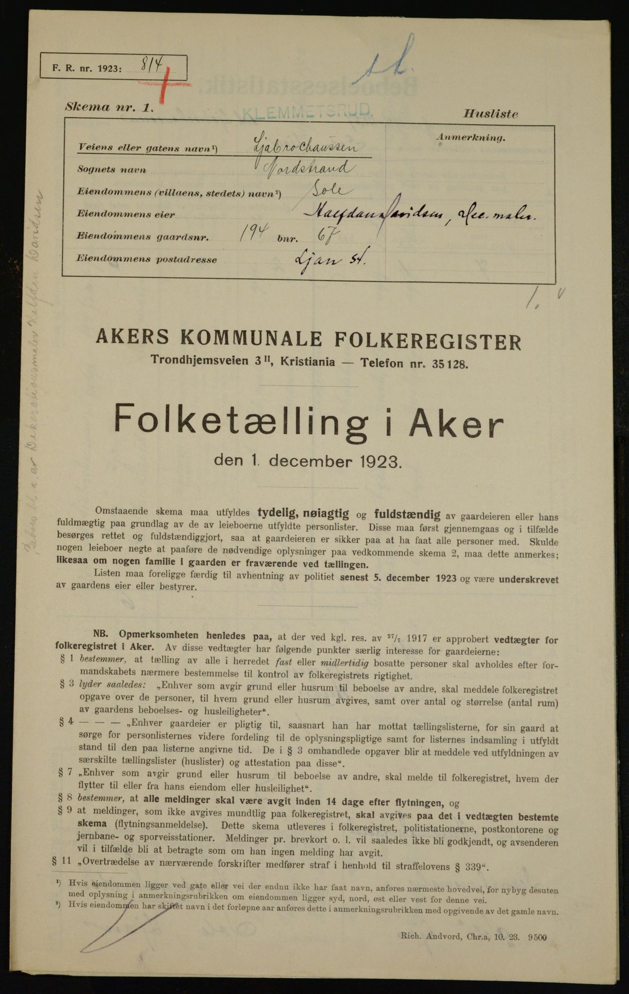 , Kommunal folketelling 1.12.1923 for Aker, 1923, s. 41659