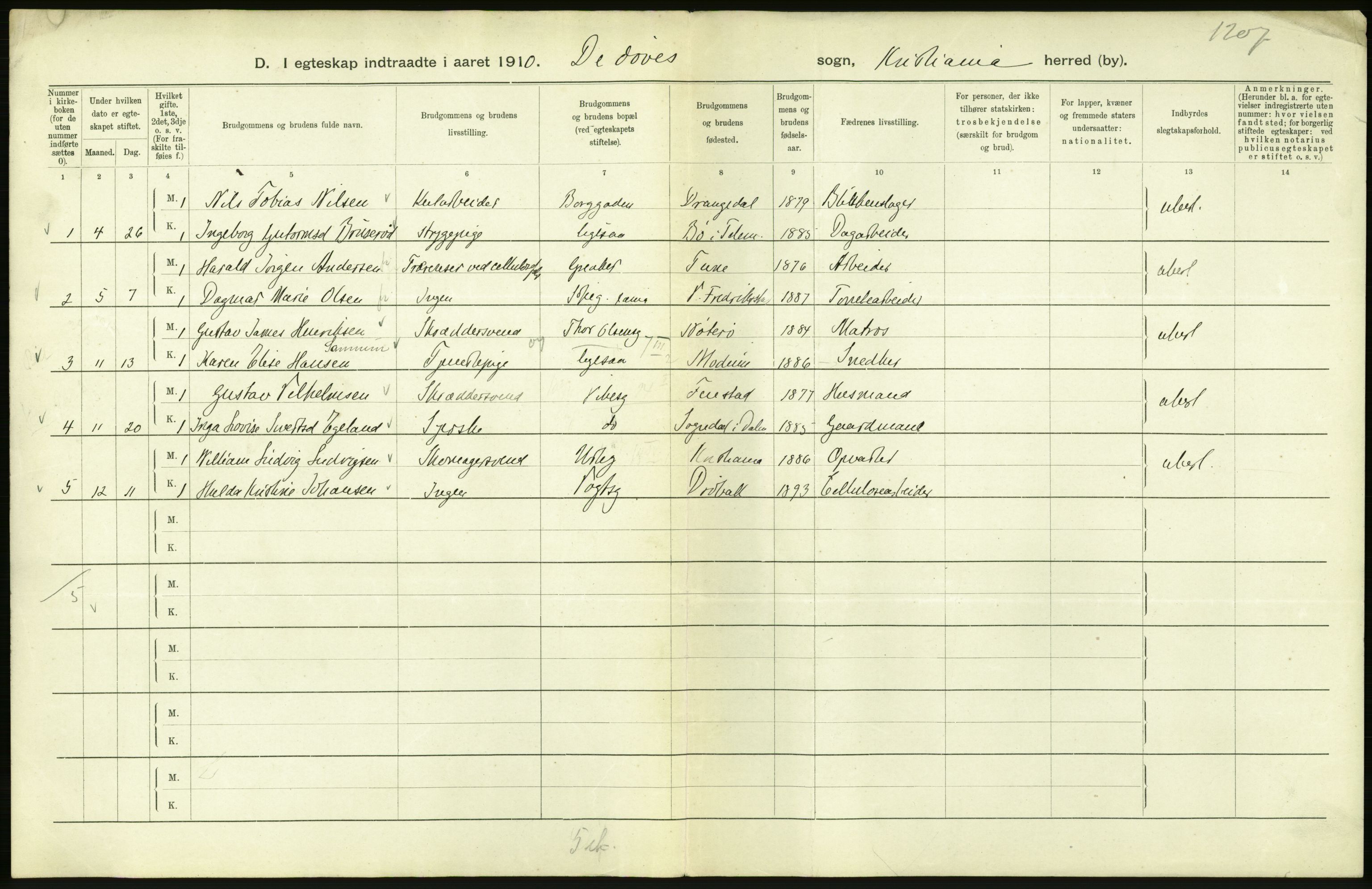 Statistisk sentralbyrå, Sosiodemografiske emner, Befolkning, RA/S-2228/D/Df/Dfa/Dfah/L0009: Kristiania: Gifte og dødfødte., 1910, s. 202