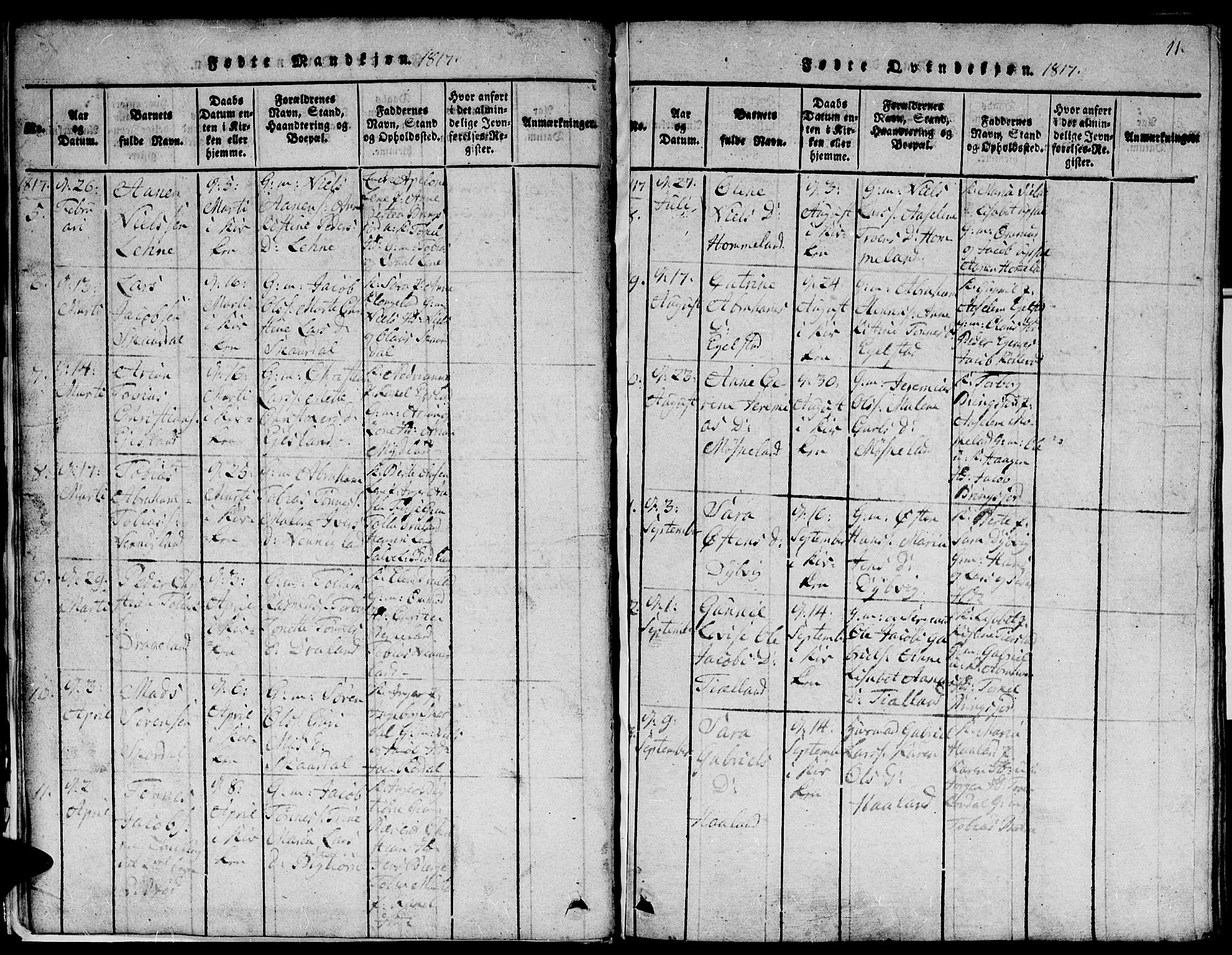 Lyngdal sokneprestkontor, AV/SAK-1111-0029/F/Fb/Fbc/L0001: Klokkerbok nr. B 1, 1815-1844, s. 11