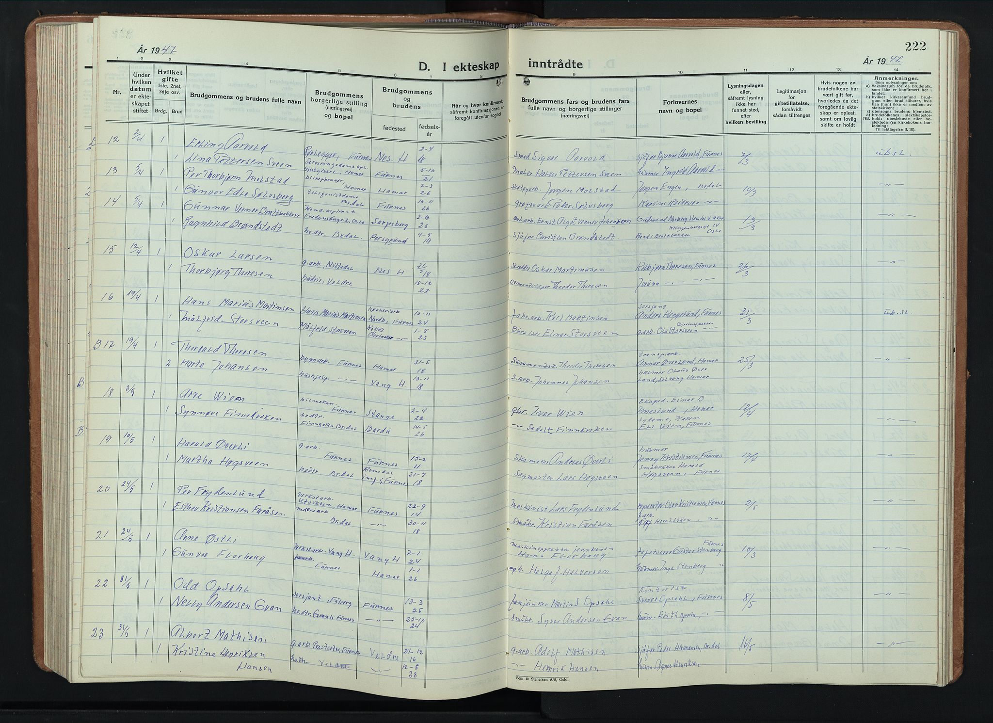 Furnes prestekontor, AV/SAH-PREST-012/L/La/L0002: Klokkerbok nr. 2, 1934-1956, s. 222