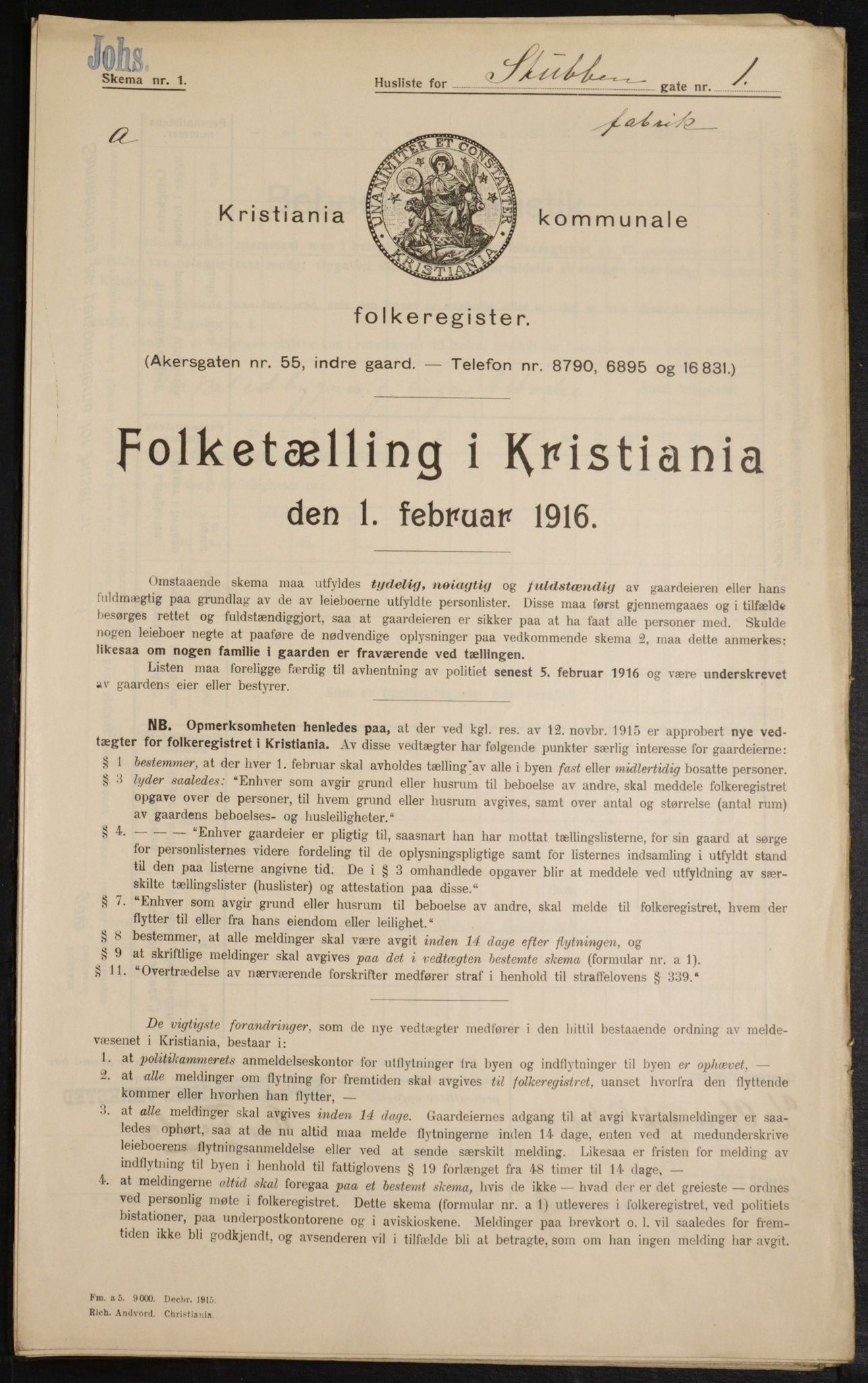 OBA, Kommunal folketelling 1.2.1916 for Kristiania, 1916, s. 107205