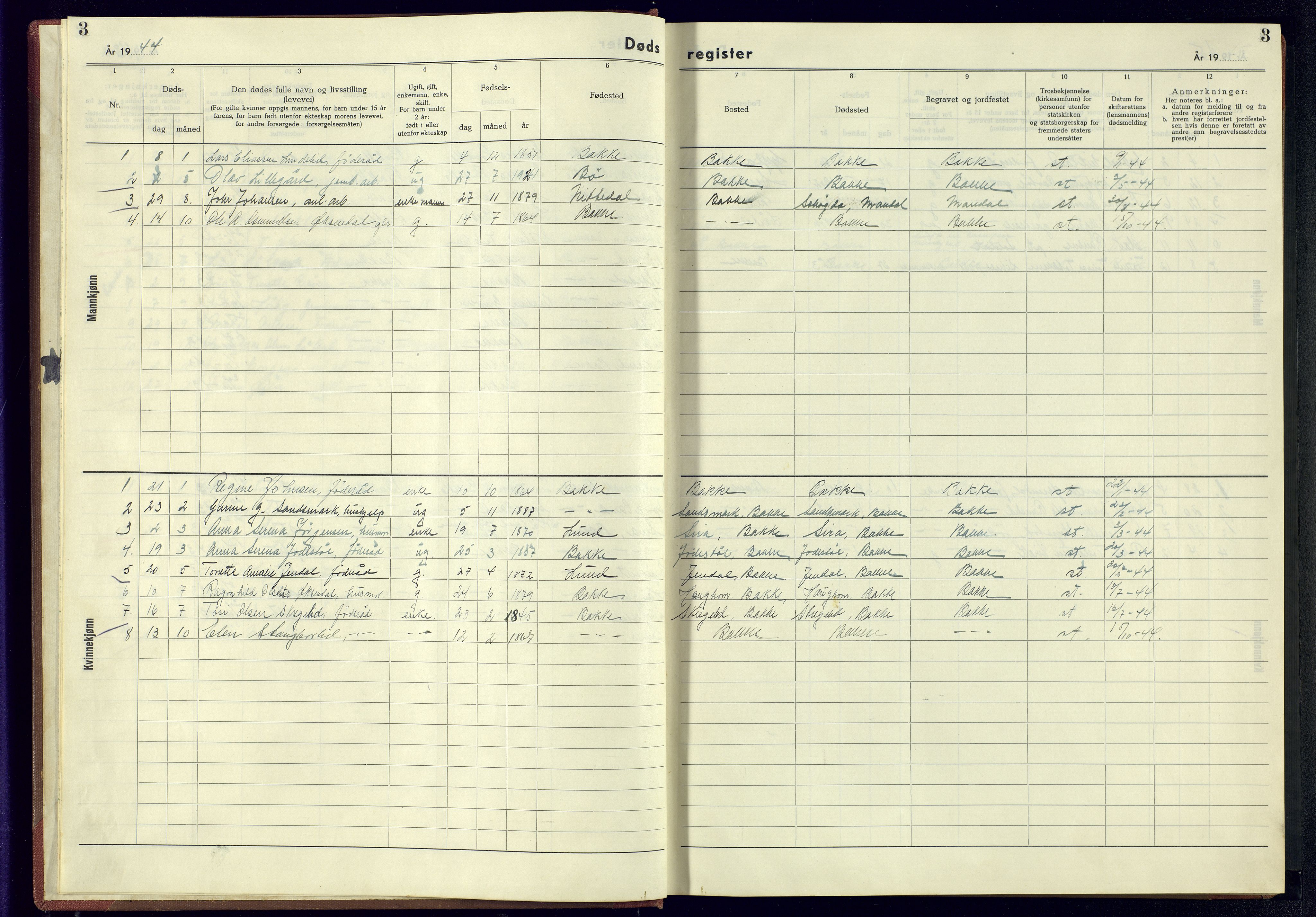 Bakke sokneprestkontor, AV/SAK-1111-0002/J/Jb/L0006: A-VI-17 - Dødsfallsregister Bakke, 1942-1945, s. 3