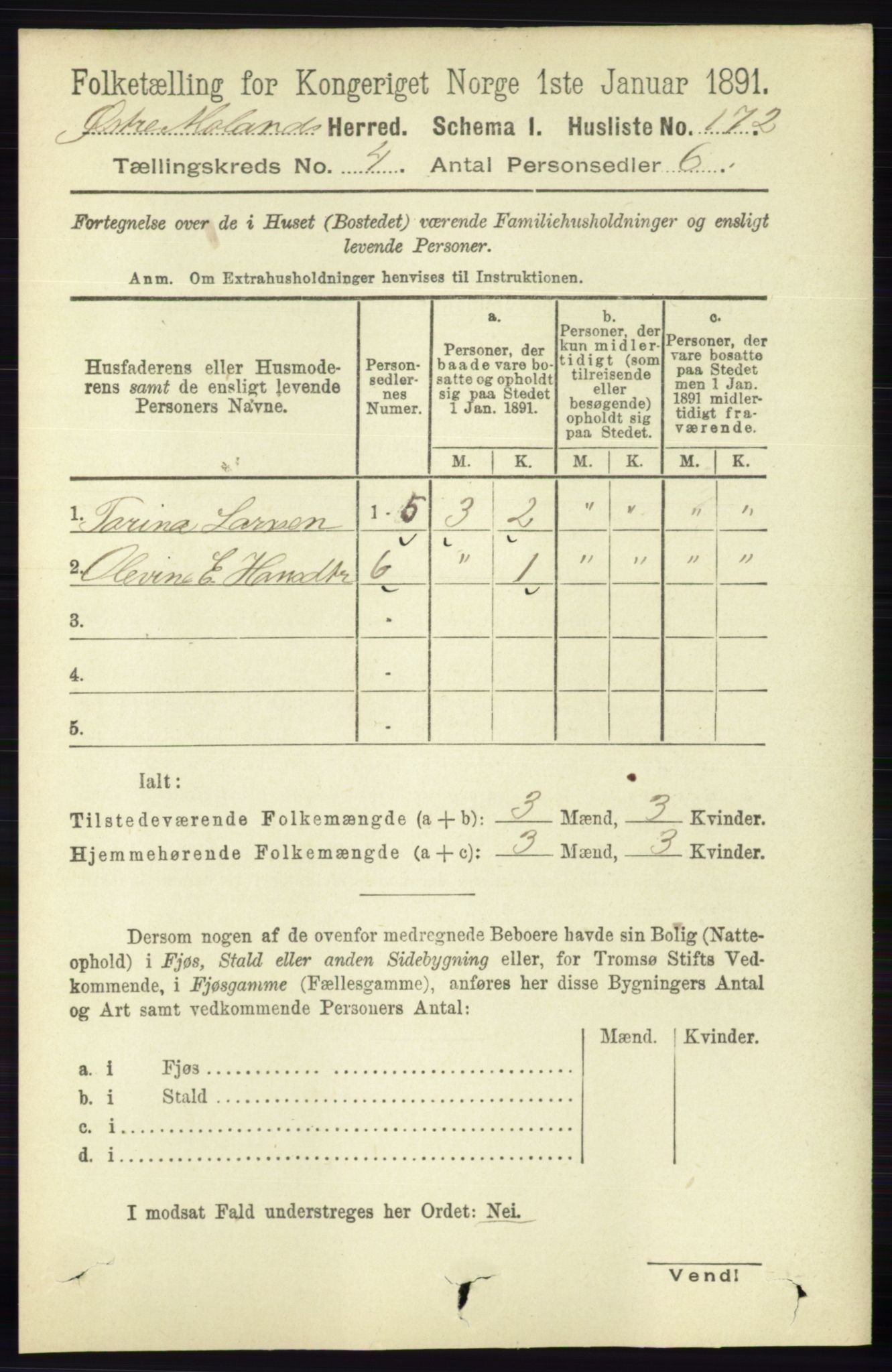 RA, Folketelling 1891 for 0918 Austre Moland herred, 1891, s. 2073