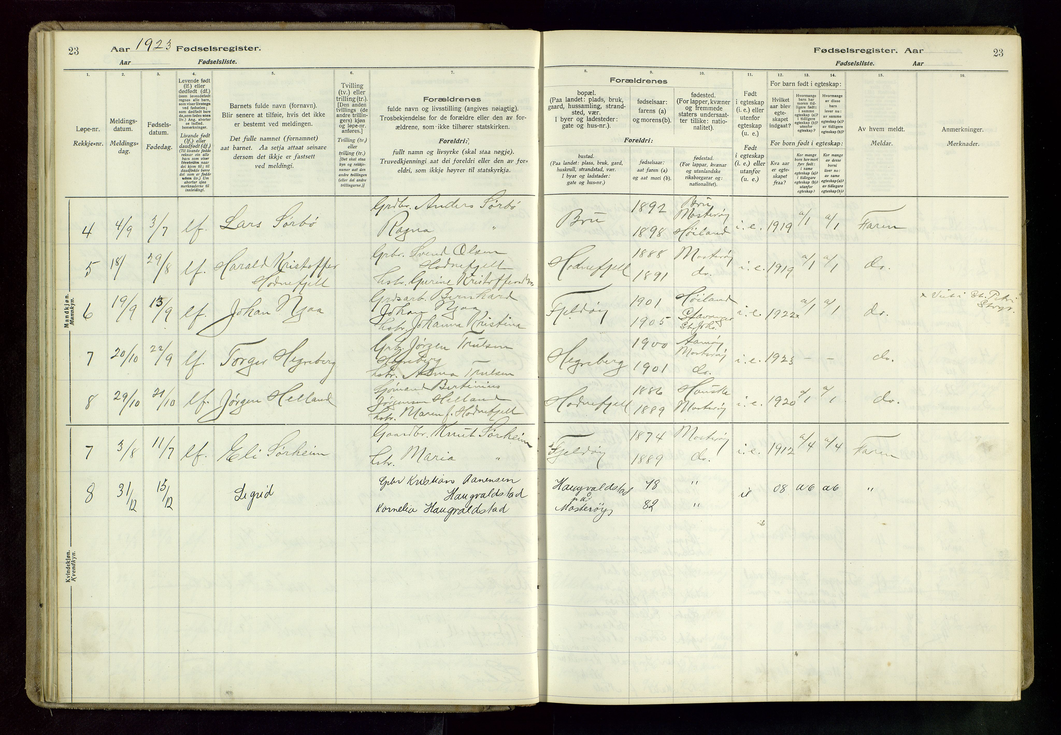 Rennesøy sokneprestkontor, AV/SAST-A -101827/I/Id/L0002: Fødselsregister nr. 2, 1916-1982, s. 23