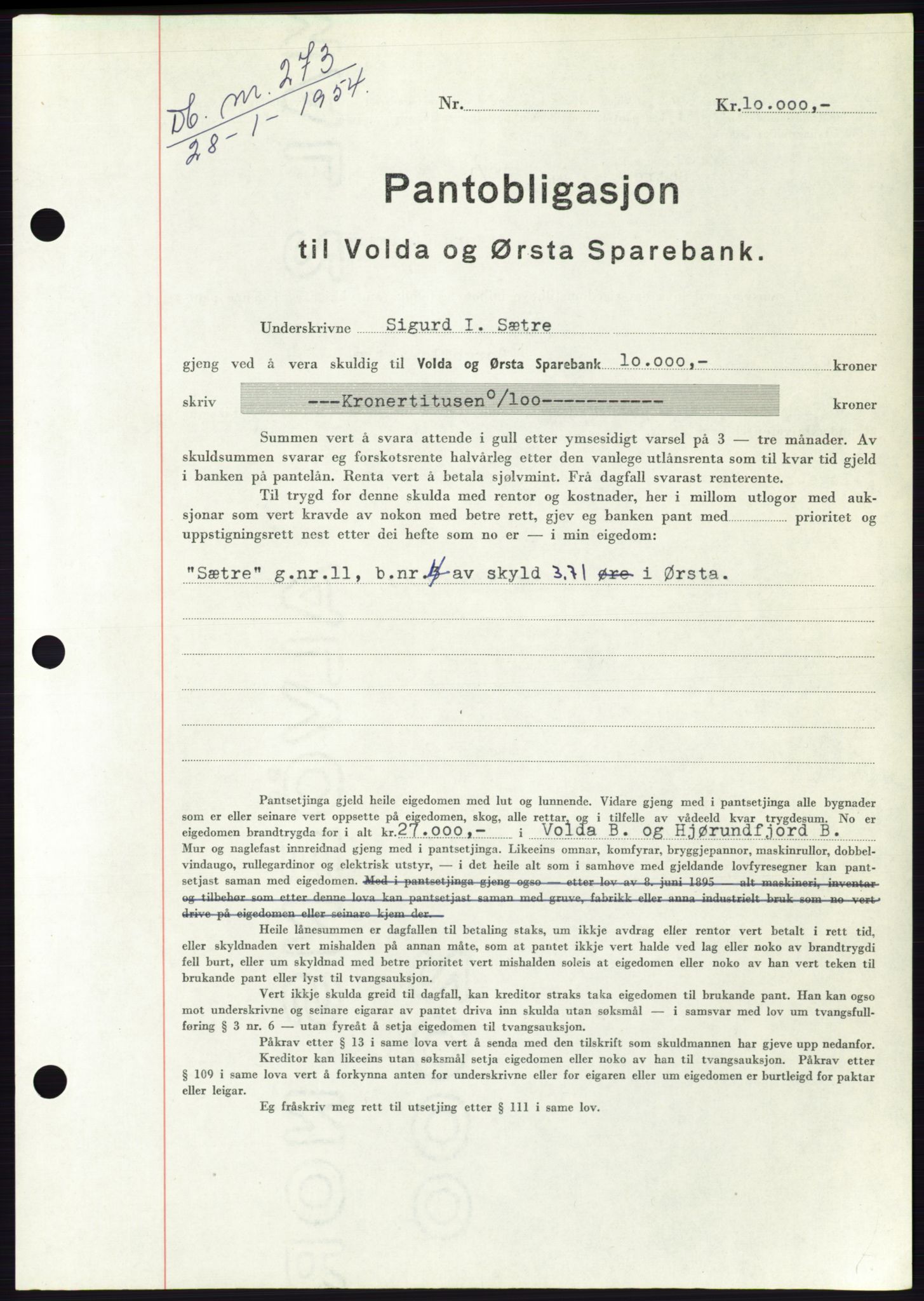 Søre Sunnmøre sorenskriveri, AV/SAT-A-4122/1/2/2C/L0124: Pantebok nr. 12B, 1953-1954, Dagboknr: 273/1954