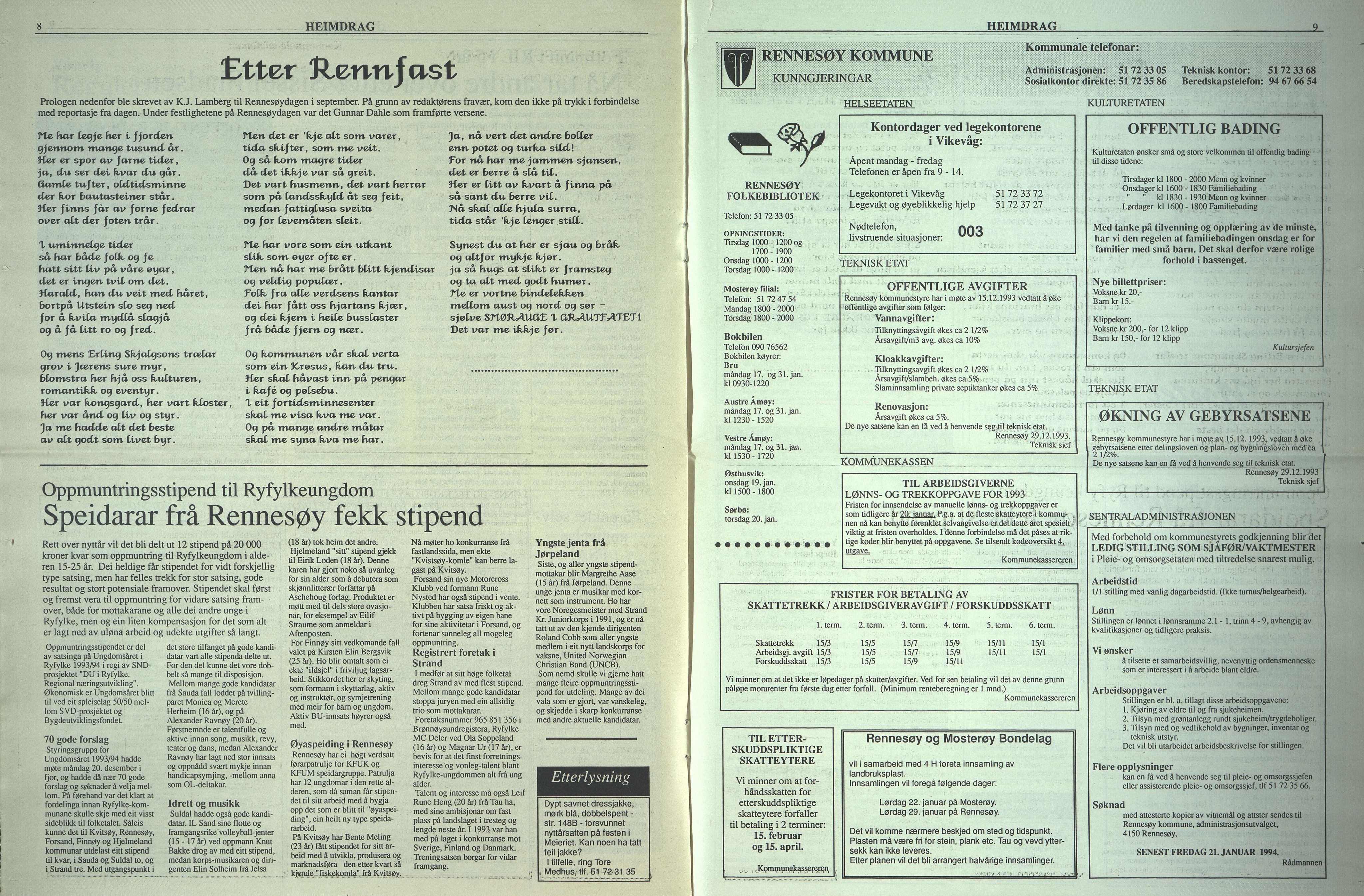 Rennesøy kommune. Heimdrag, lokalavis, BYST/A-0750/X/Xa/L0016: Heimdrag 1994, 1994