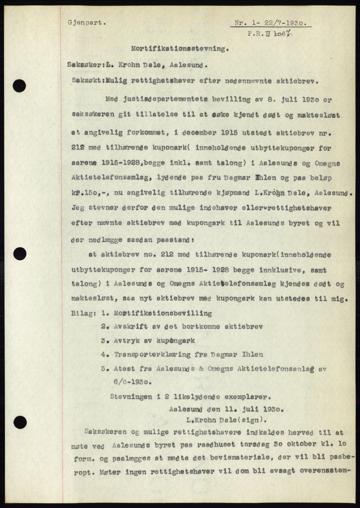 Ålesund byfogd, AV/SAT-A-4384: Pantebok nr. 26, 1930-1930, Tingl.dato: 22.07.1930