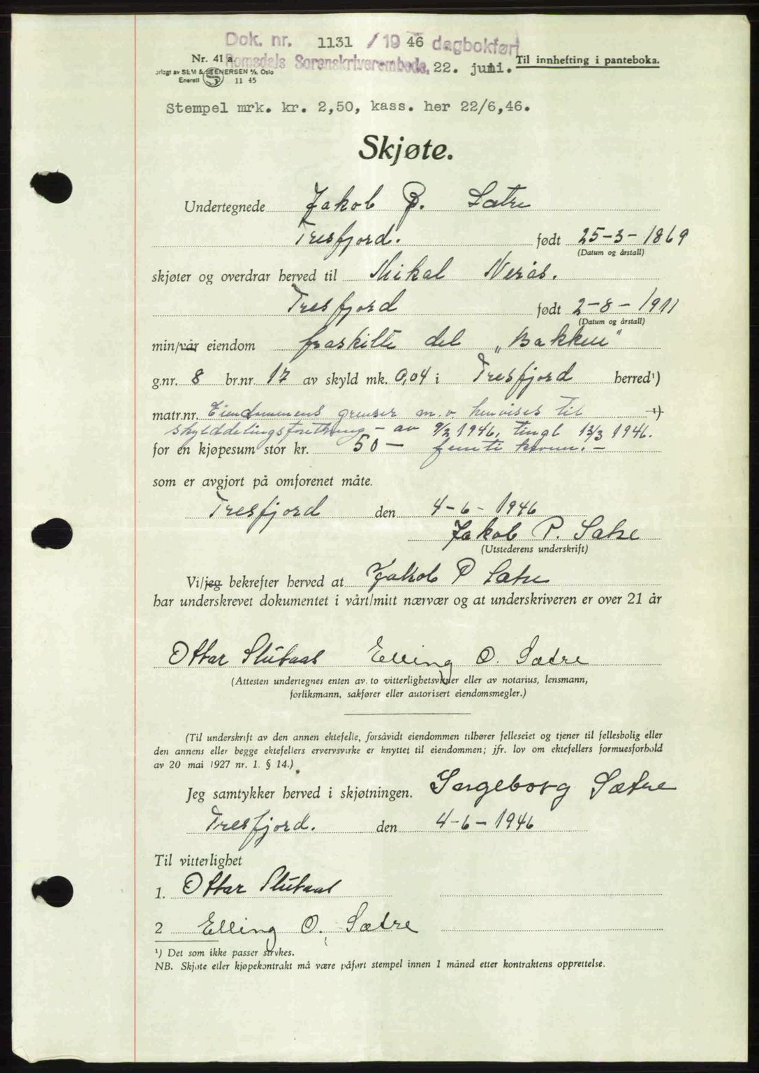 Romsdal sorenskriveri, AV/SAT-A-4149/1/2/2C: Pantebok nr. A20, 1946-1946, Dagboknr: 1131/1946