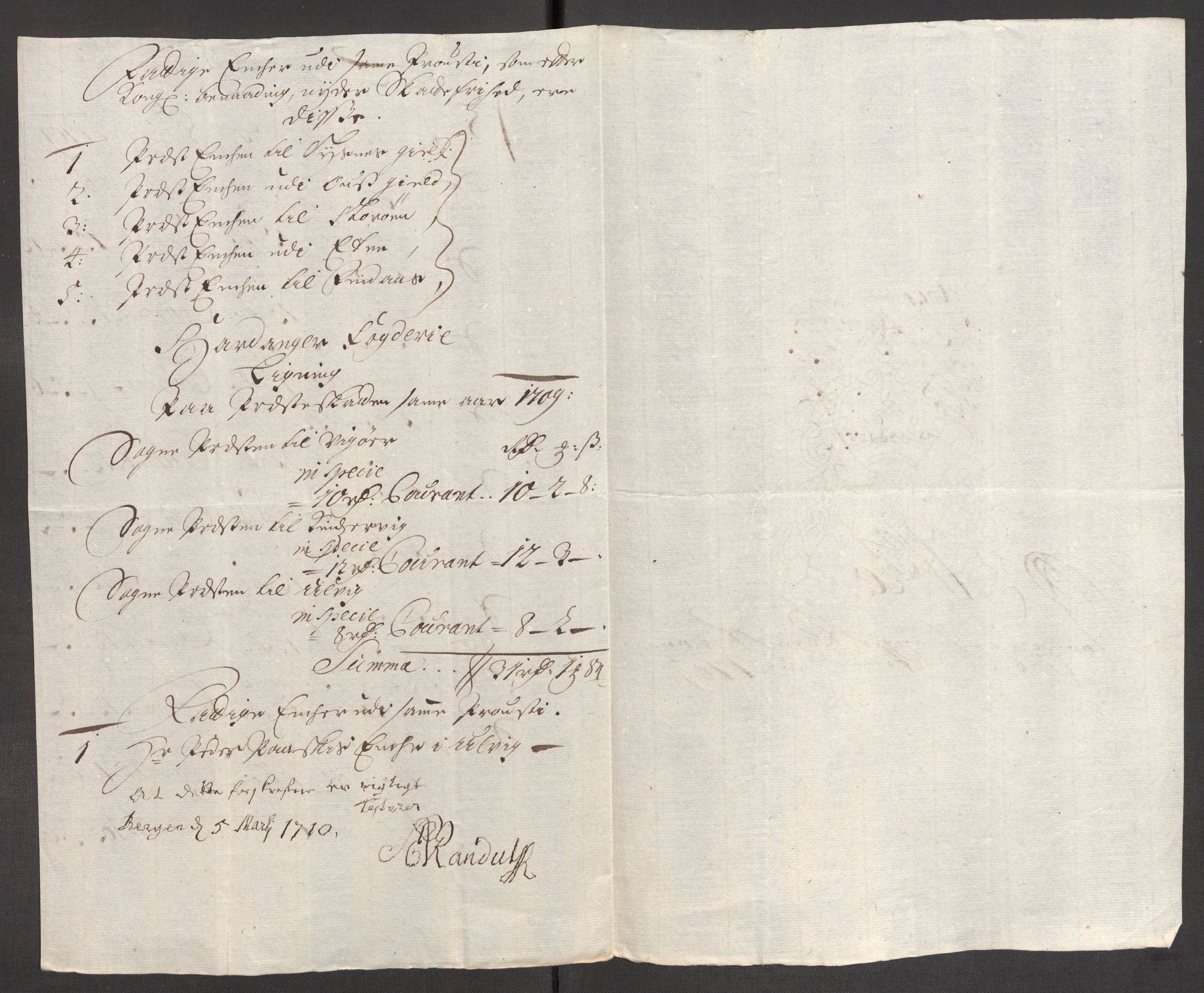 Rentekammeret inntil 1814, Reviderte regnskaper, Fogderegnskap, AV/RA-EA-4092/R48/L2986: Fogderegnskap Sunnhordland og Hardanger, 1709-1710, s. 156