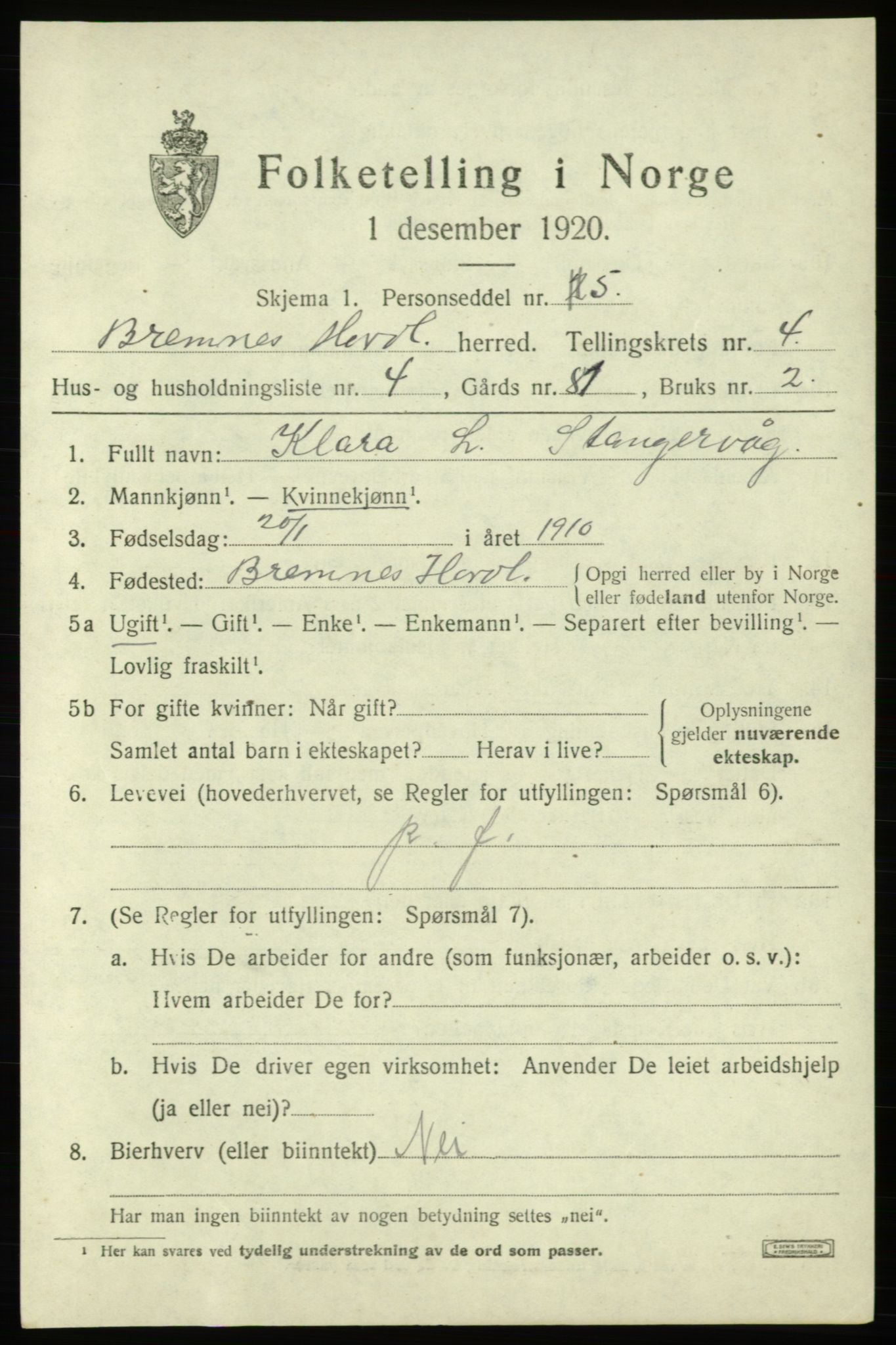 SAB, Folketelling 1920 for 1220 Bremnes herred, 1920, s. 1854