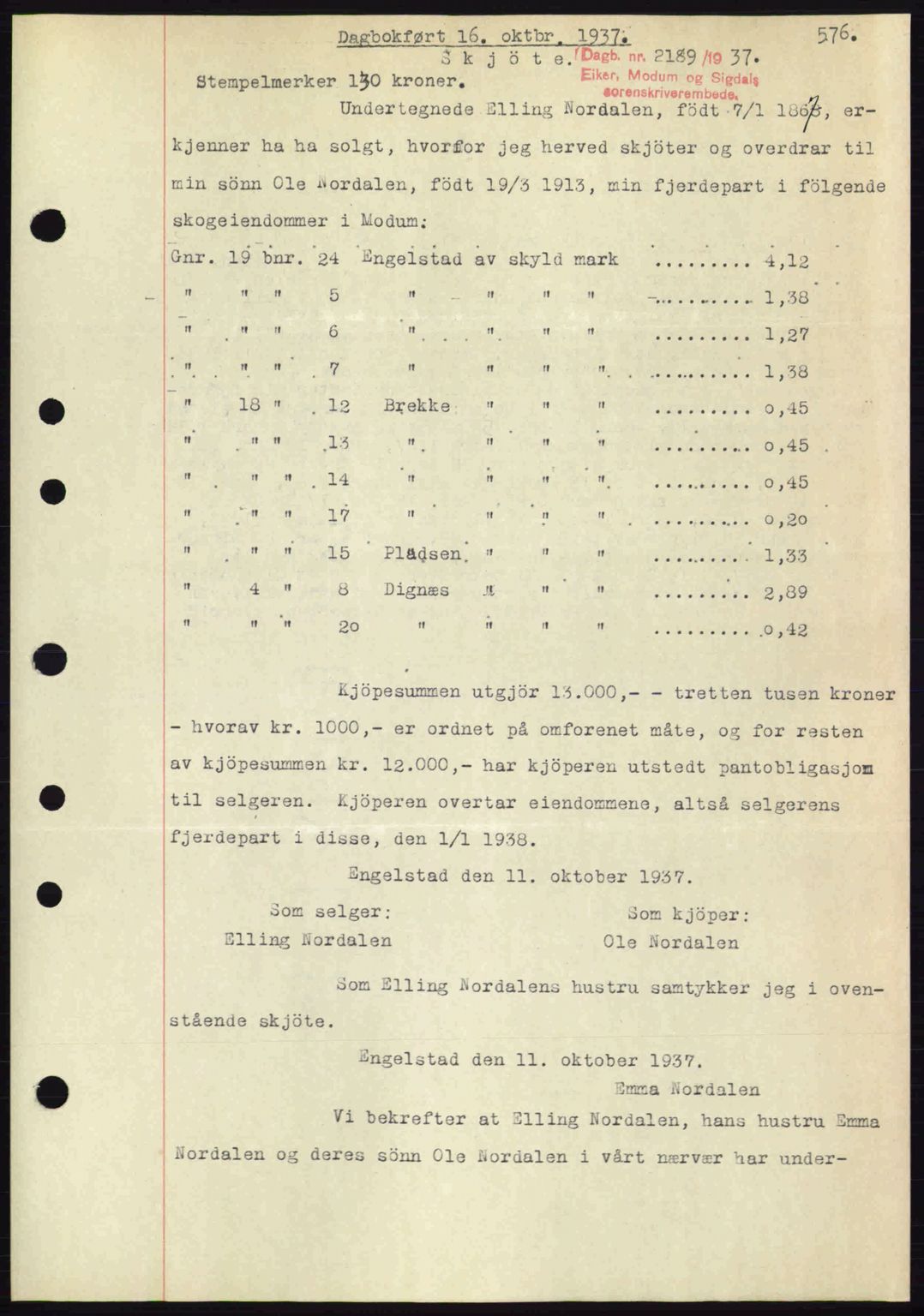 Eiker, Modum og Sigdal sorenskriveri, SAKO/A-123/G/Ga/Gab/L0036: Pantebok nr. A6, 1937-1937, Dagboknr: 2189/1937