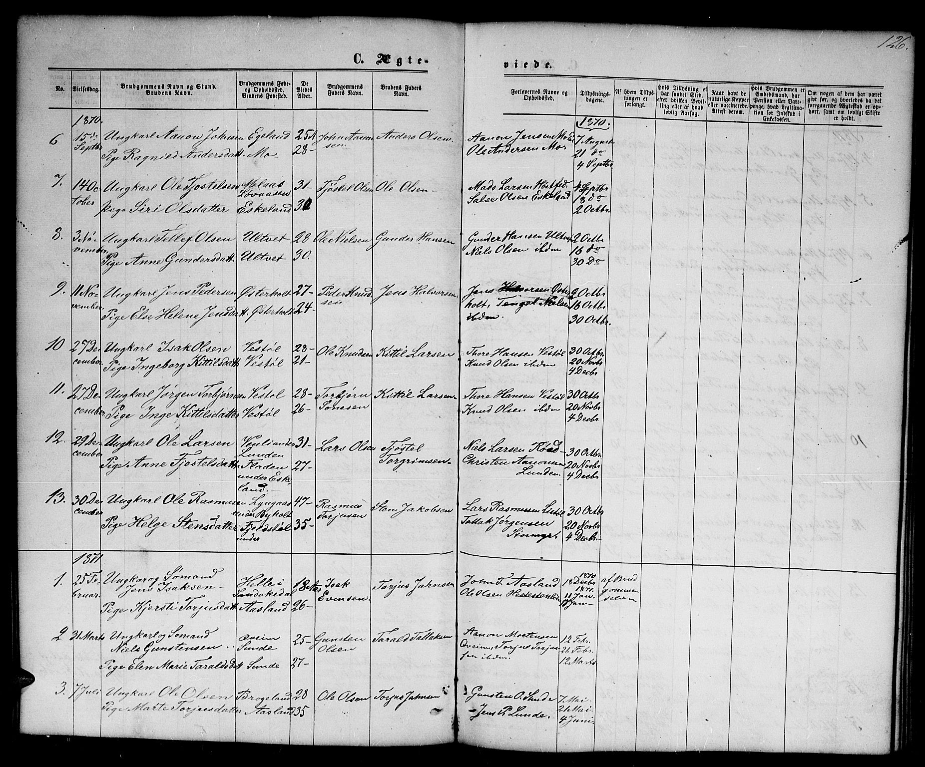 Gjerstad sokneprestkontor, SAK/1111-0014/F/Fb/Fba/L0006: Klokkerbok nr. B 6, 1868-1890, s. 126