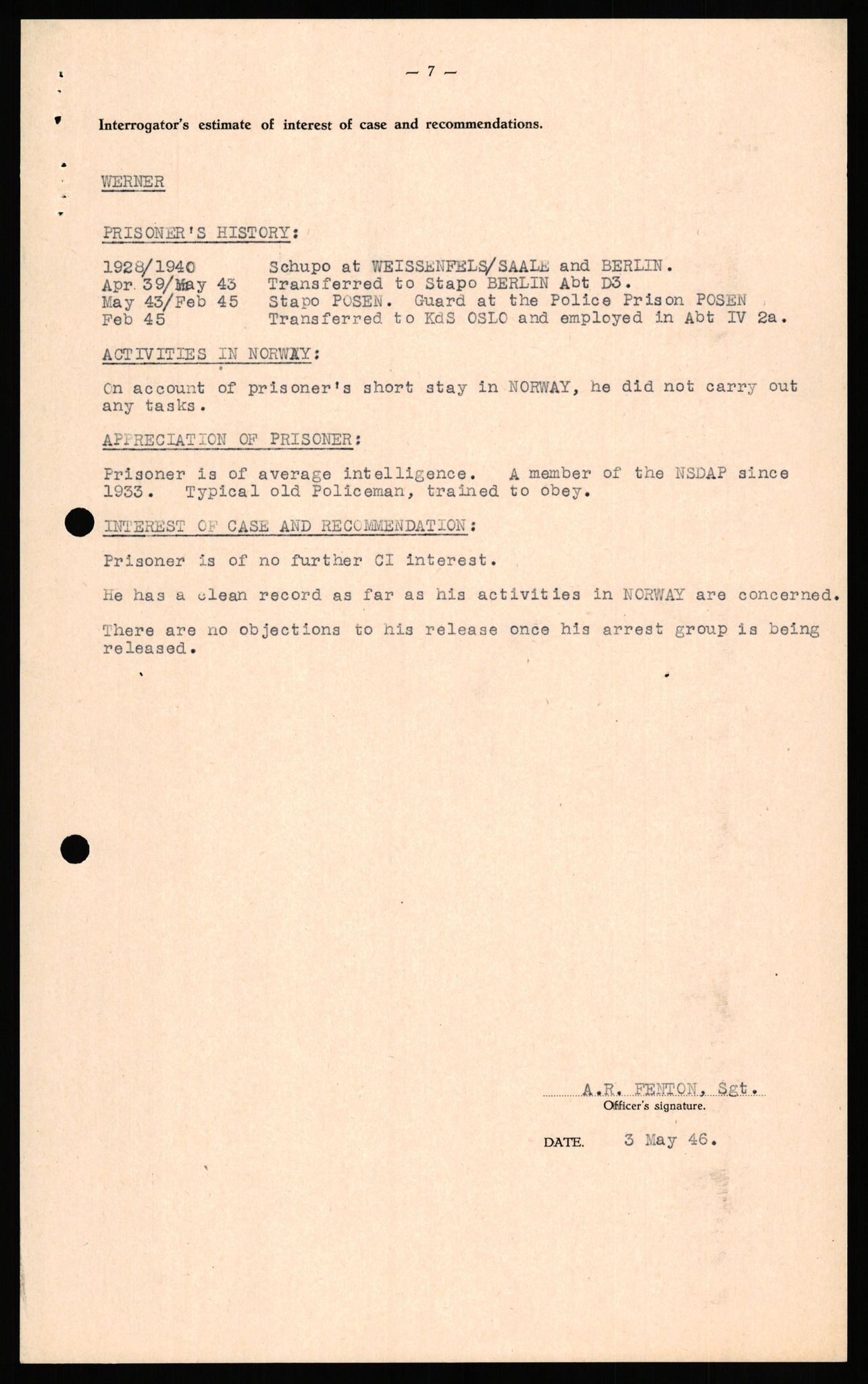 Forsvaret, Forsvarets overkommando II, RA/RAFA-3915/D/Db/L0035: CI Questionaires. Tyske okkupasjonsstyrker i Norge. Tyskere., 1945-1946, s. 416